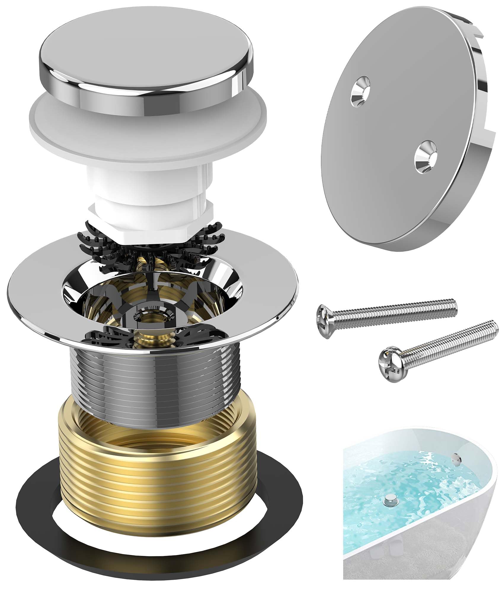Yaseingoo Brushed Brass Bathtub Drain Stopper & Overflow Kit - Tip-Toe Style With Hair Catcher, Universal 1-3/8" / 1-1/2" Fit