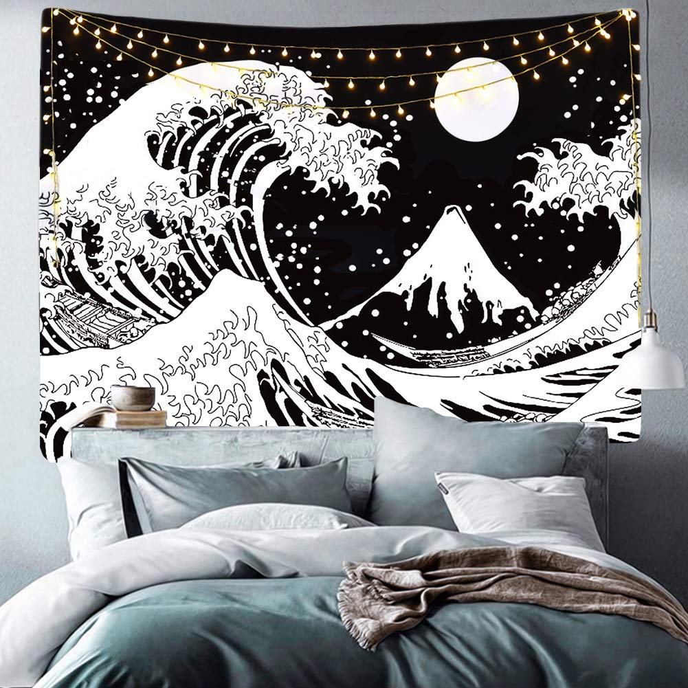 Japanese Ocean Wave Tapestry Black and White Tapestry Wall Hanging, Ycool Kanagawa The Great Wave Tapestry with Moon Tapestries, Sun Aesthetic Wall Tapestry for Bedroom Dorm (Wave, 59.1" x 78.8")