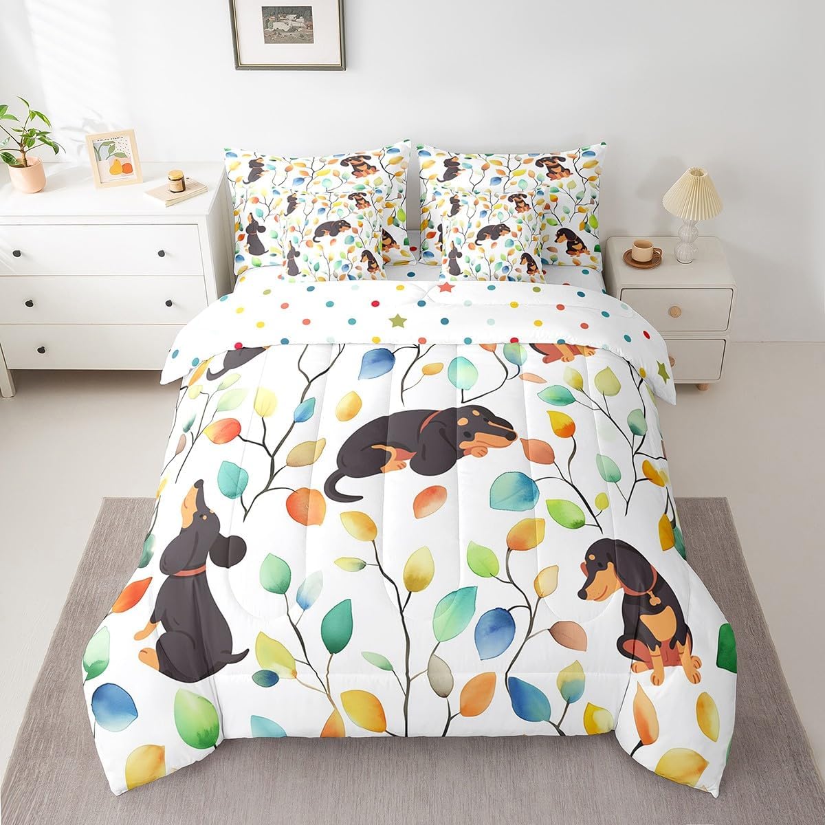 Erosebridal Cute Hippo Queen Comforter Set 7pcs for Kids Child Hippie Floral Bedding Comforter Sets, Chic Flower Bed in a Bag Watercolor Leaves Bedding Set, Woodland Wildlife Bed Sheets Set