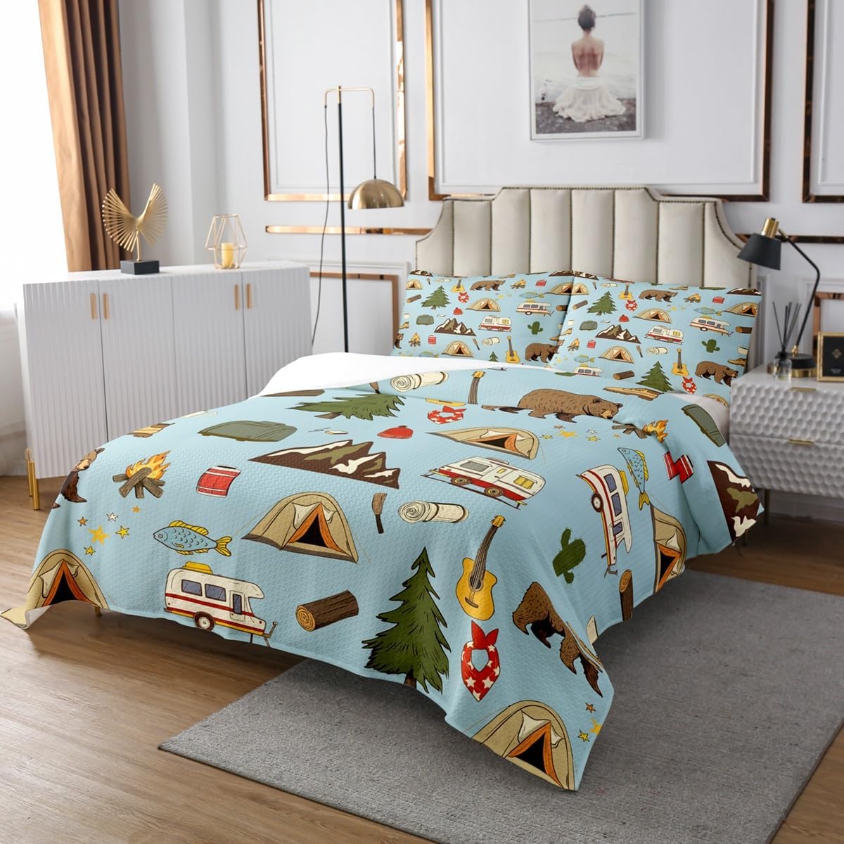 Lake House Decor Quilt Set King, Farmhouse Rustic Barn Door Bedspread Set Cabin Lodge Decor, Lake Paddle Coverlet Set For Lake Lover, Retro Vintage Style Bed Set Home Room Decor, Navy Green