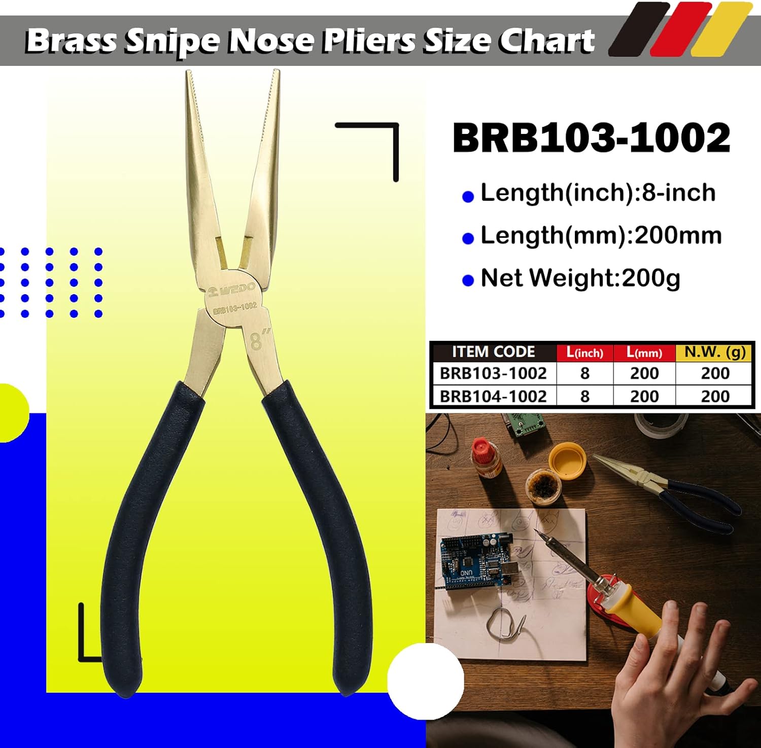 WEDO Brass Long Nose Pliers 8", with Non-Slip Handle, Snipe Nose Pliers, Length 200mm