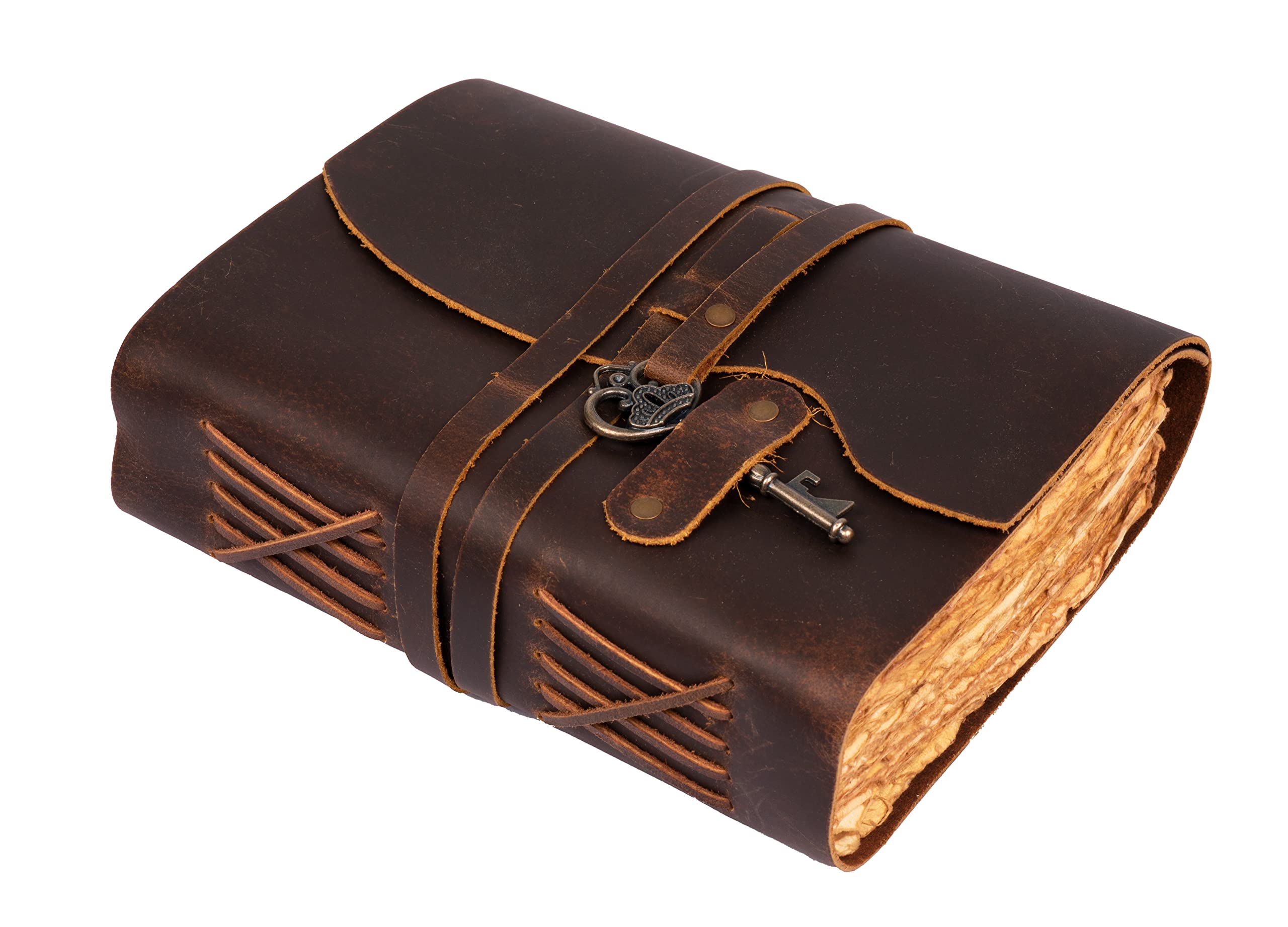 Knitted Stories Genuine Leather Diary | Vintage Handmade Leather Journal | Premium Antique Key Closure | Size 25 CM x 18 CM (B5) | 200 Handmade Deckle Edge Antique Pages | Chocolate Brown Color