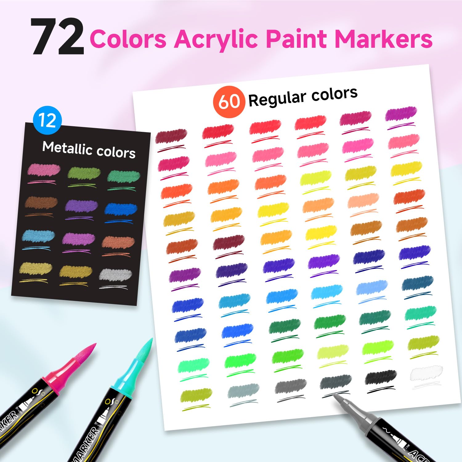 Pennarelli Acrilici Doppia Punta, 72 Colori Acrylic Paint Marker Set per Adulti e Bambini, Colori Acrilici Pennarelli per Sassi, Legno, Vetro, Ceramica, Tessuto, Tela e Carta