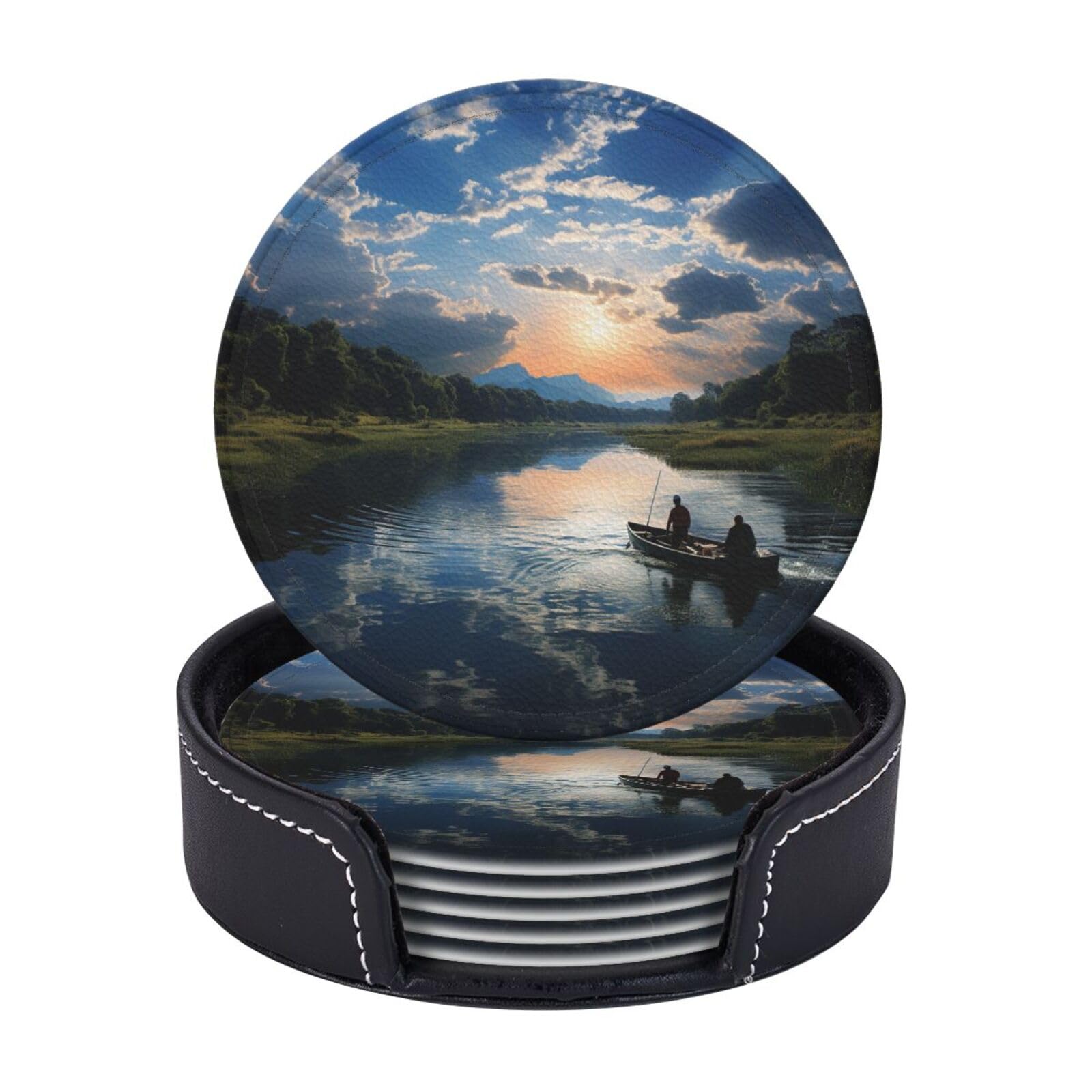 Round Coasters for Drinks Set of 6 - PU Leather Coasters with Holder - Modern Drink Coasters for Coffee Table - Fishing Scenic Coaster for Tabletop Protection 4" Cup Mat Pad