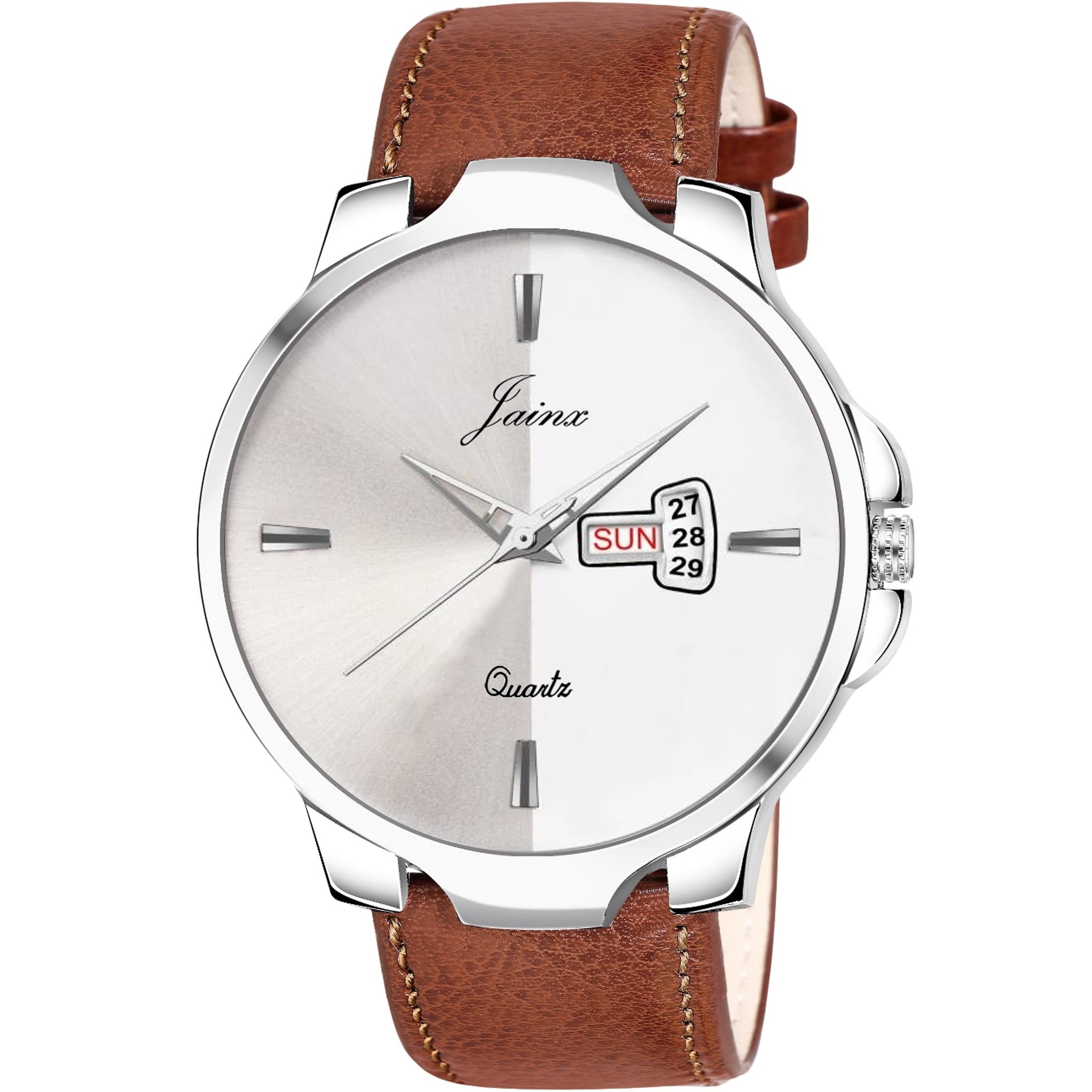 jainx Day and Date Brown Leather Strap Analog Wrist Watch for Men - JM7133 (B0BFHL1Z9H) Amazon Price History, Amazon Price Tracker