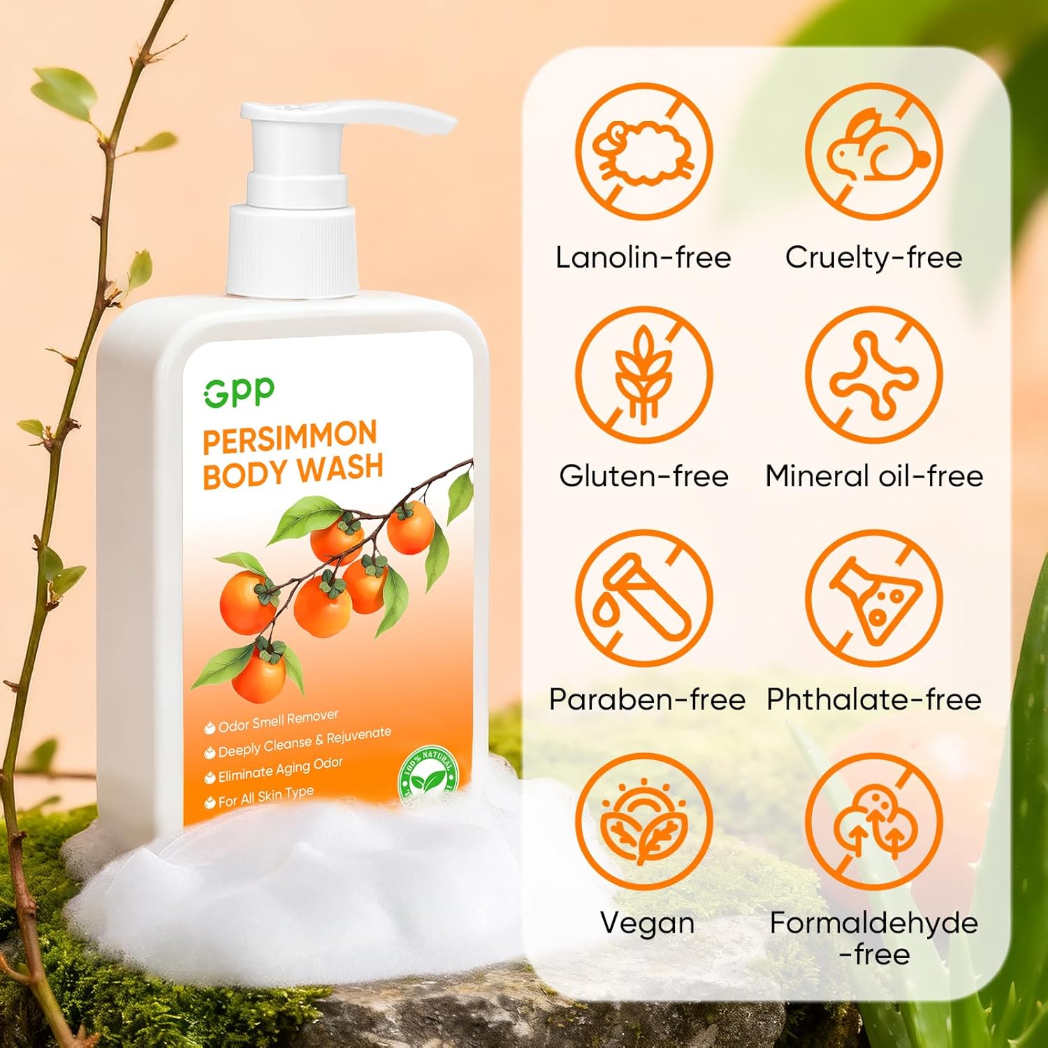 GPP Persimmon Body Wash for Body Odor Control, Natural Deodorant Soap for Old People Smell, Smelly Feet Deodorant Body Odor Eliminator, Gentle for Sensitive Skin, Persimmon Soap Bar for Women & Men - Image 4