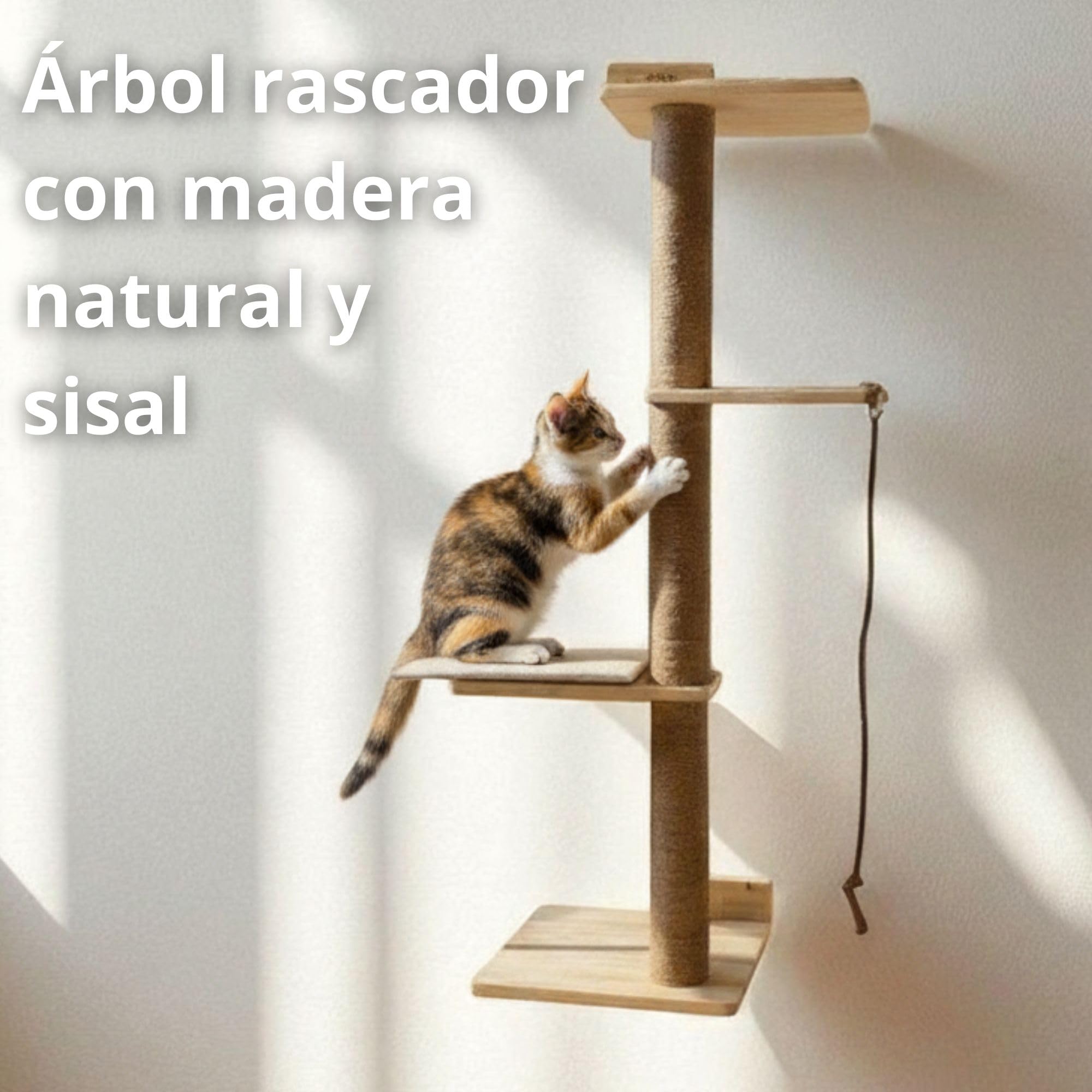 Árbol Rascador para Gatos Interior Salina 127 cm con Sistema Anticaída | Suelo o Pared, Madera de Pino Natural con Sisal y Cuerda de Yute | ALTHEA LIVING