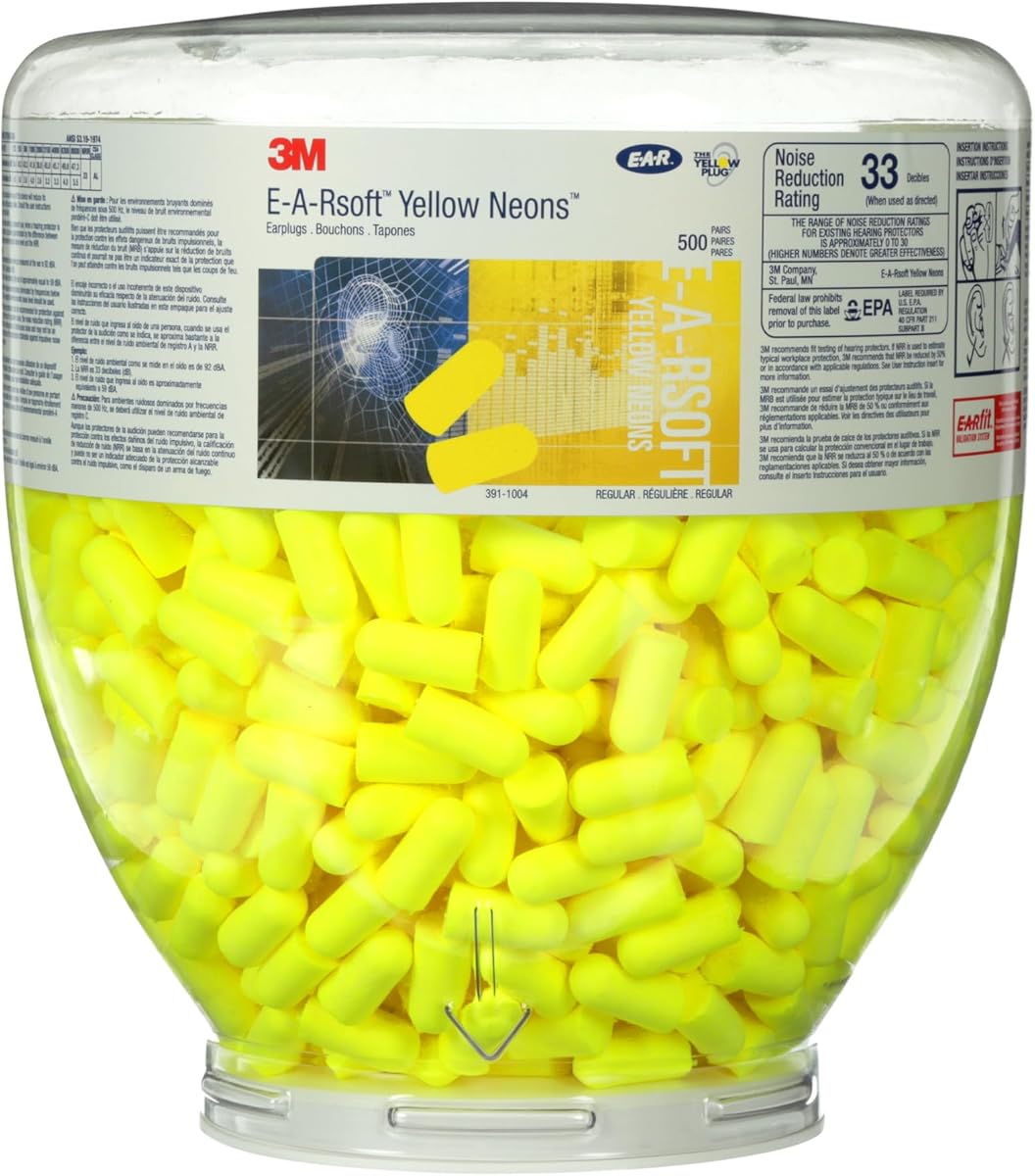 3M Ear Plugs, E-A-Rsoft Yellow Neons 391-1004, Regular Size, Uncorded | NRR 33, 500 Pairs, Tapered Cylinder Shape, Slow Recovery Foam