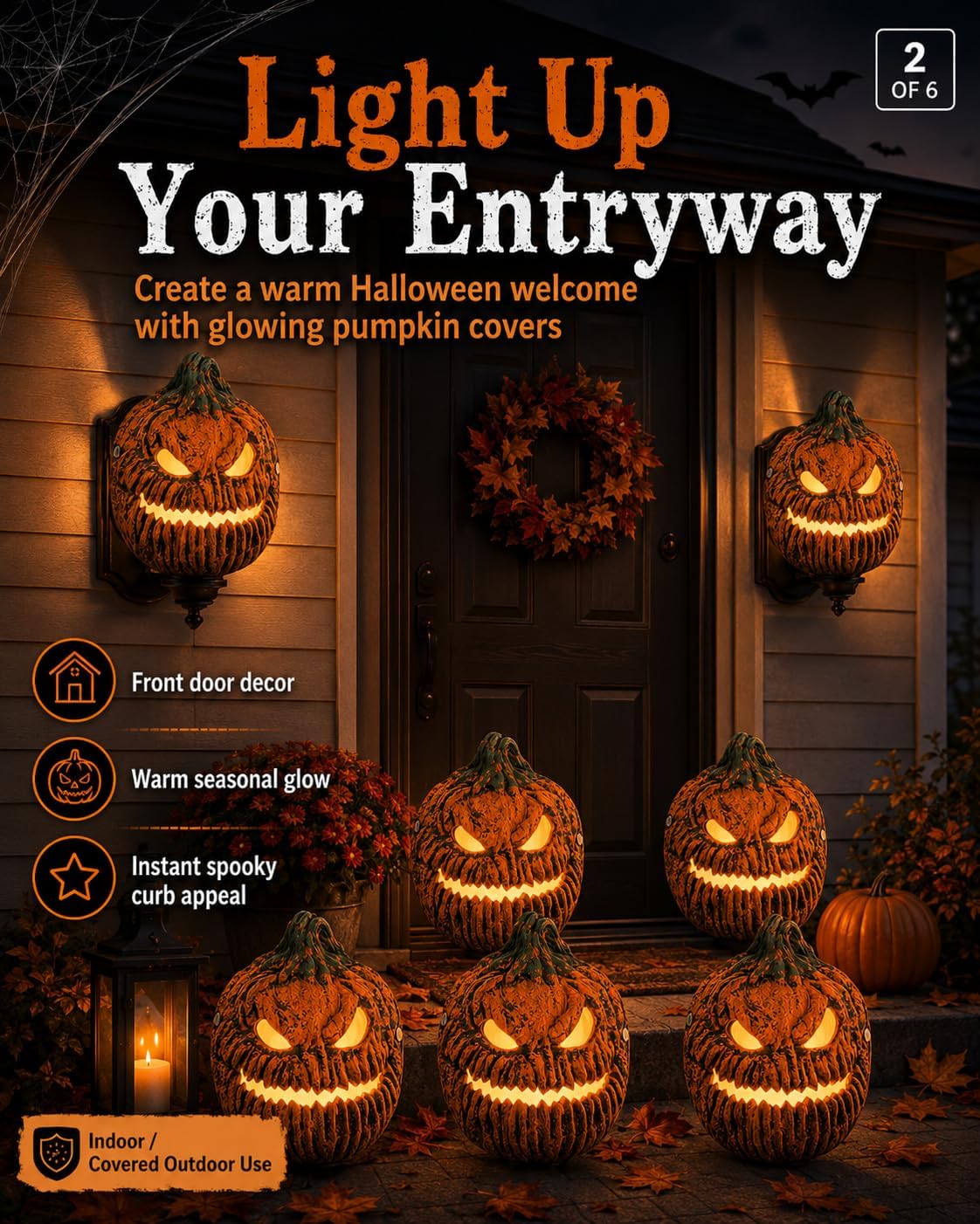 2PCS Halloween Porch Light Covers Garage Pumpkin Lamp Post Cover Outdoor Resin Lampshade Light-Up Door Knob Bat Hat Wall Sconce Lantern Thanksgiving Day Decoration image 3