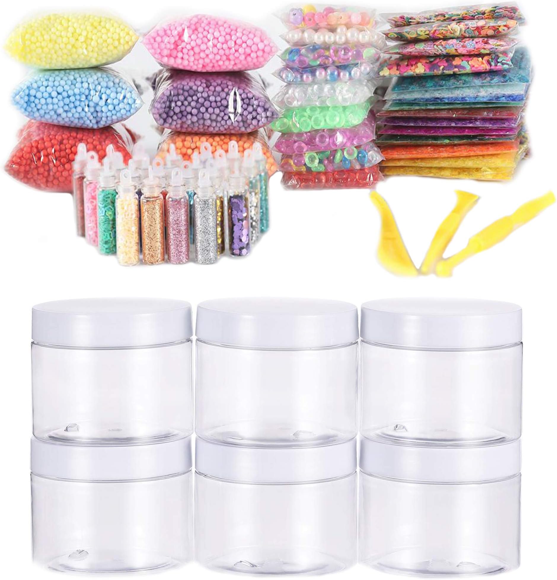 Slime Stuff, Slime add ins, Foam Beads, 6 oz Slime containers, Glitter, Sugar Paper, Pearl, Fishbowl Beads, Slime additives