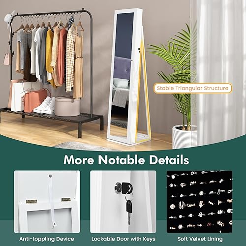 Miniatura 3 de LOKO Gabinete de joyería con cerradura, organizador de maquillaje de gran capacidad con espejo de cuerpo entero, espejo de maquillaje integrado, 5