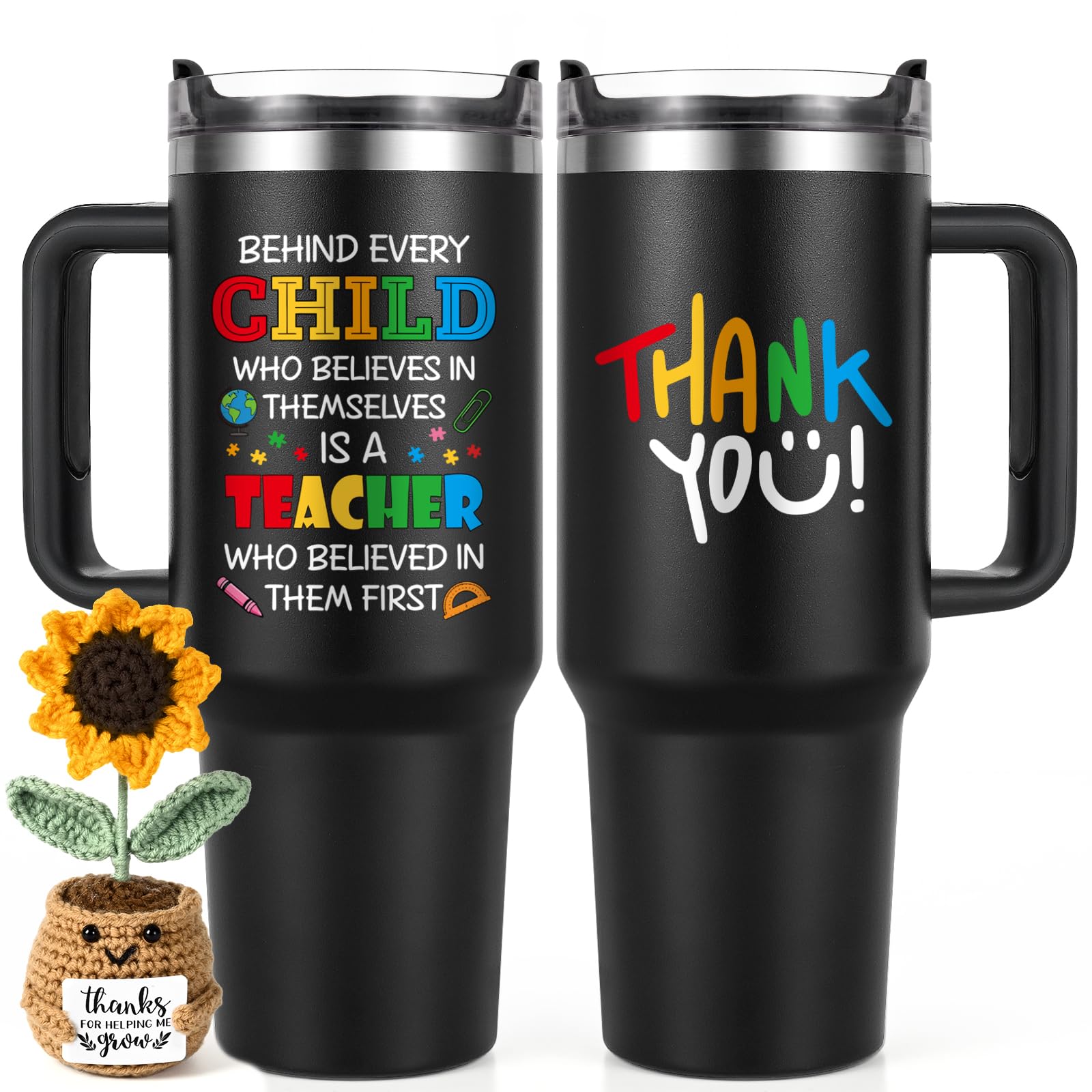 Livole Thank You Teacher Gifts for Men, Gift for Teacher End of The Year, 40oz Stainless Steel Tumbler, Positive Crochet Sunflower