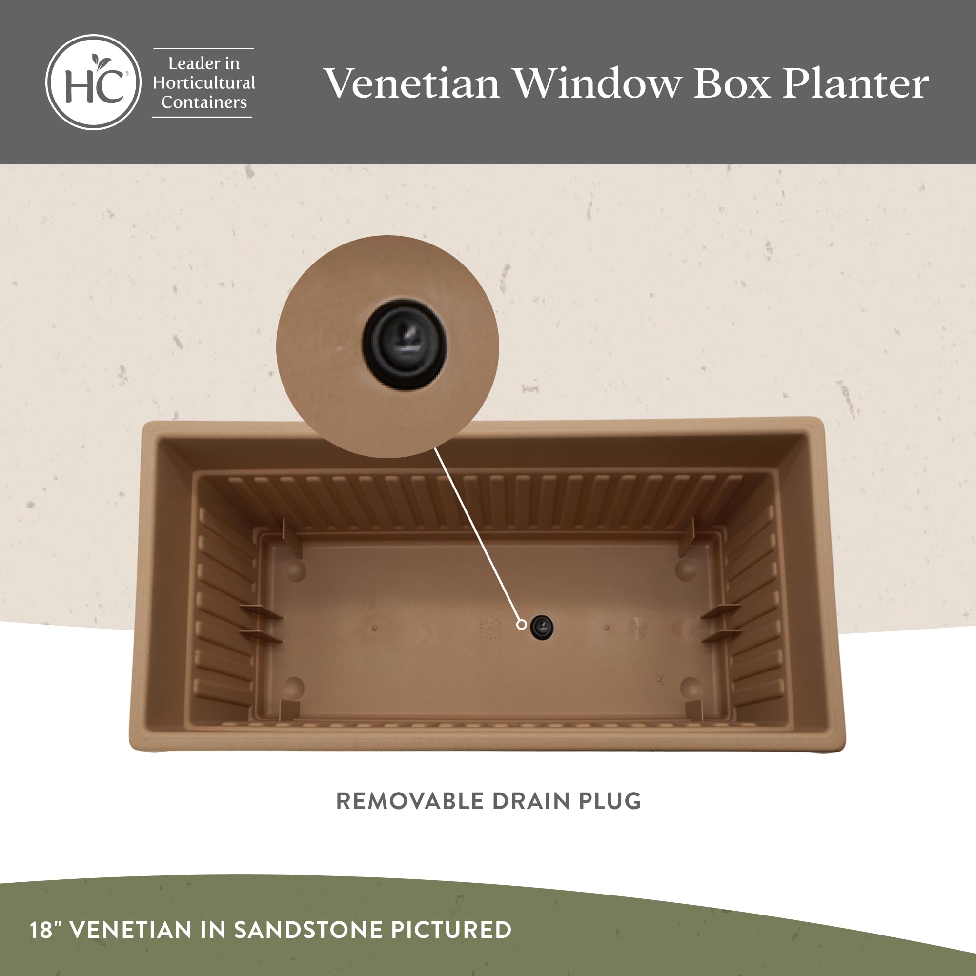 The HC Companies Venezianischer rechteckiger Pflanzkasten mit Fenster, 45,7 cm, Leichter Kunststoff, für drinnen und draußen, Pflanztopf mit Drainage, für Fensterbank, Kräuter, Blumen, warmes Grau
