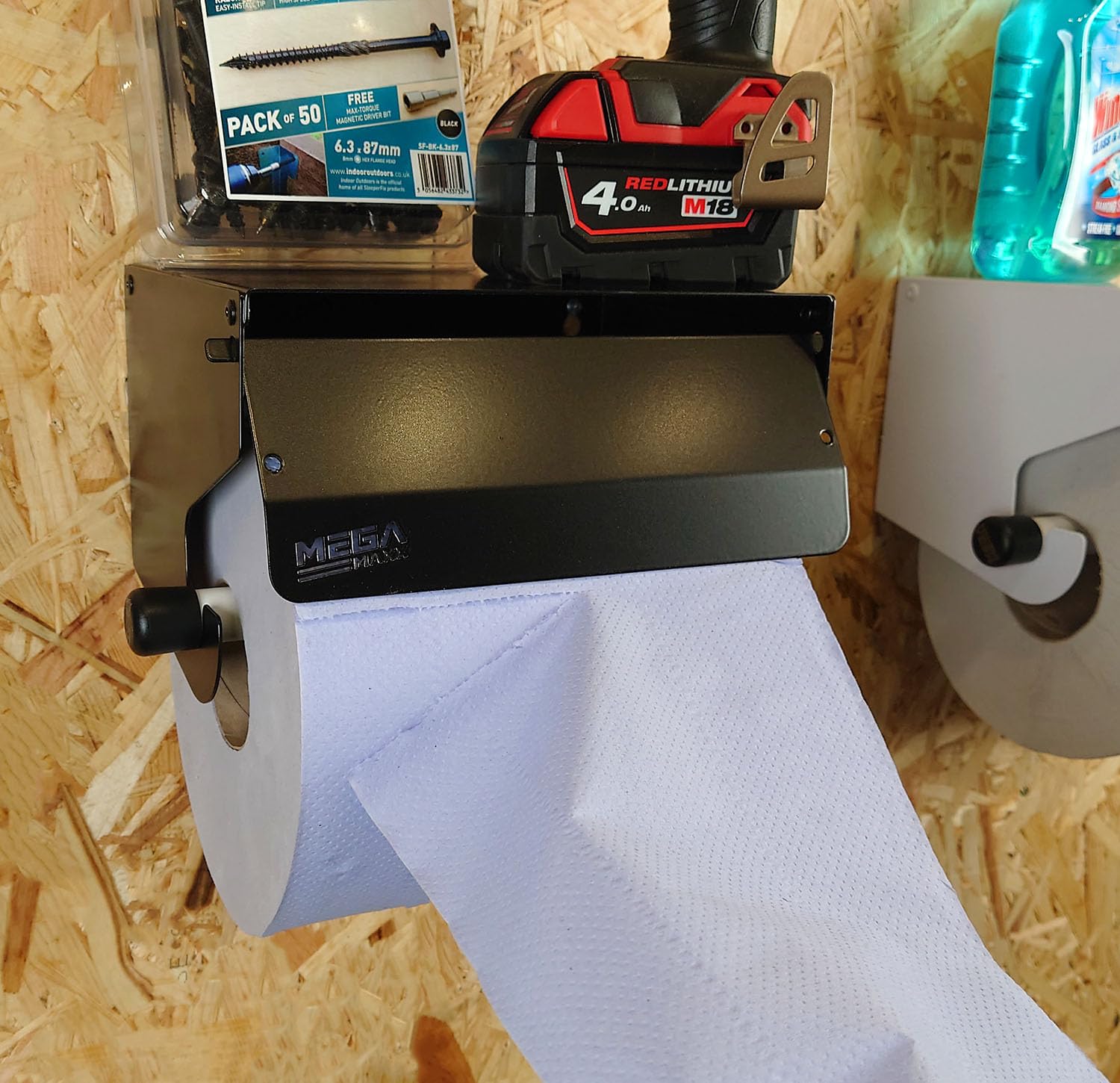 Rollo de papel de metal resistente montado en la pared, 220 mm, color azul, dispensador galvanizado con cubierta de rodillo para baño, saneamiento y oficina, color negro