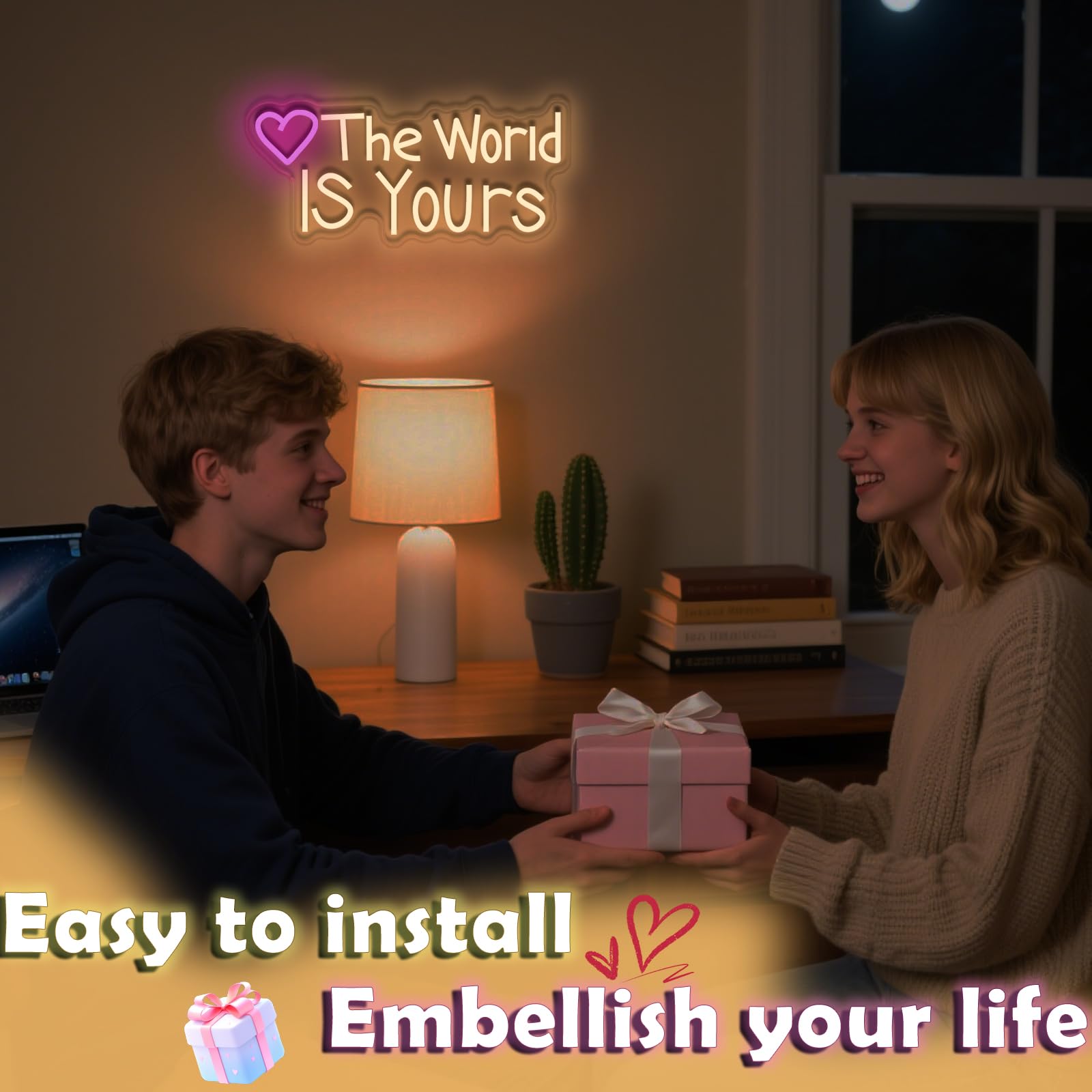 The World IS Yours Neonschild Today für Hochzeit, Geburtstag, Mädchen, Party, Wanddekoration, dimmbar, USB-betrieben, rosa Sonne und rosa Herz, motivierendes Geschenk für Frauen