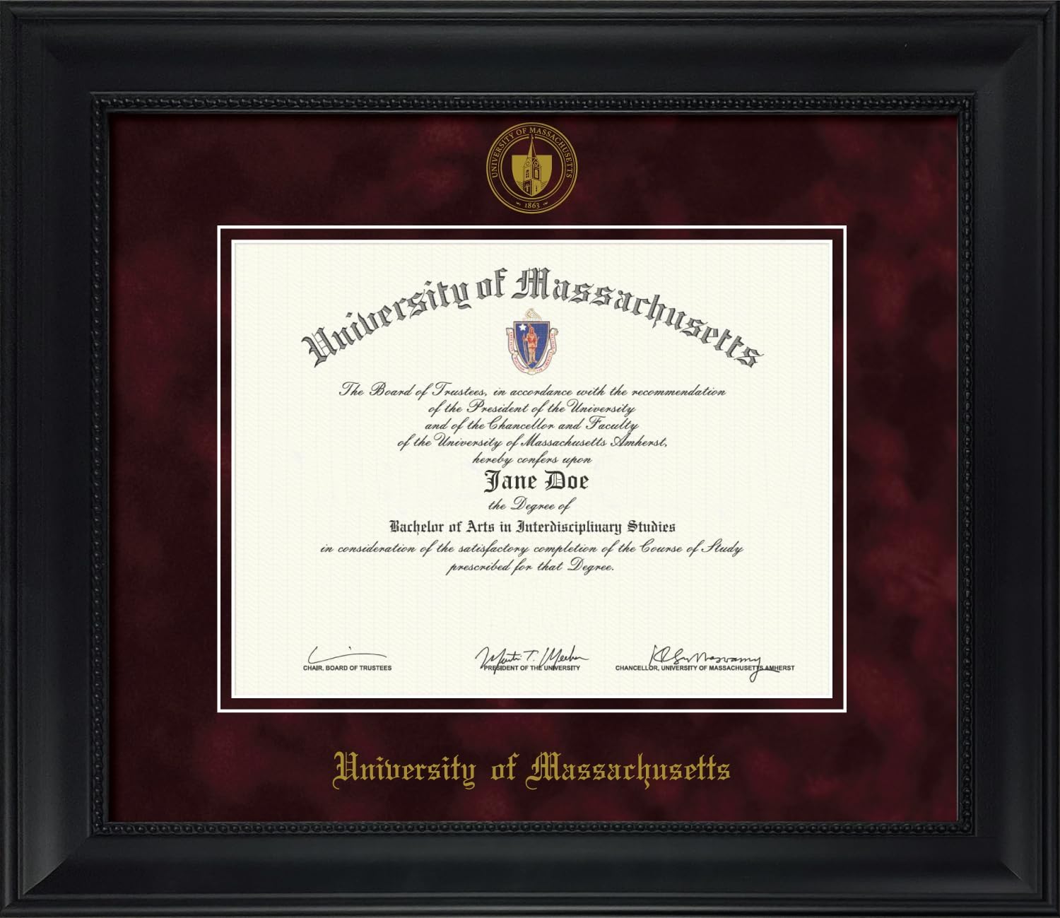 UMass Amherst Diploma Frame – Officially Licensed - Modern Matte Black Wood with Bead Frame and Maroon Suede Mat