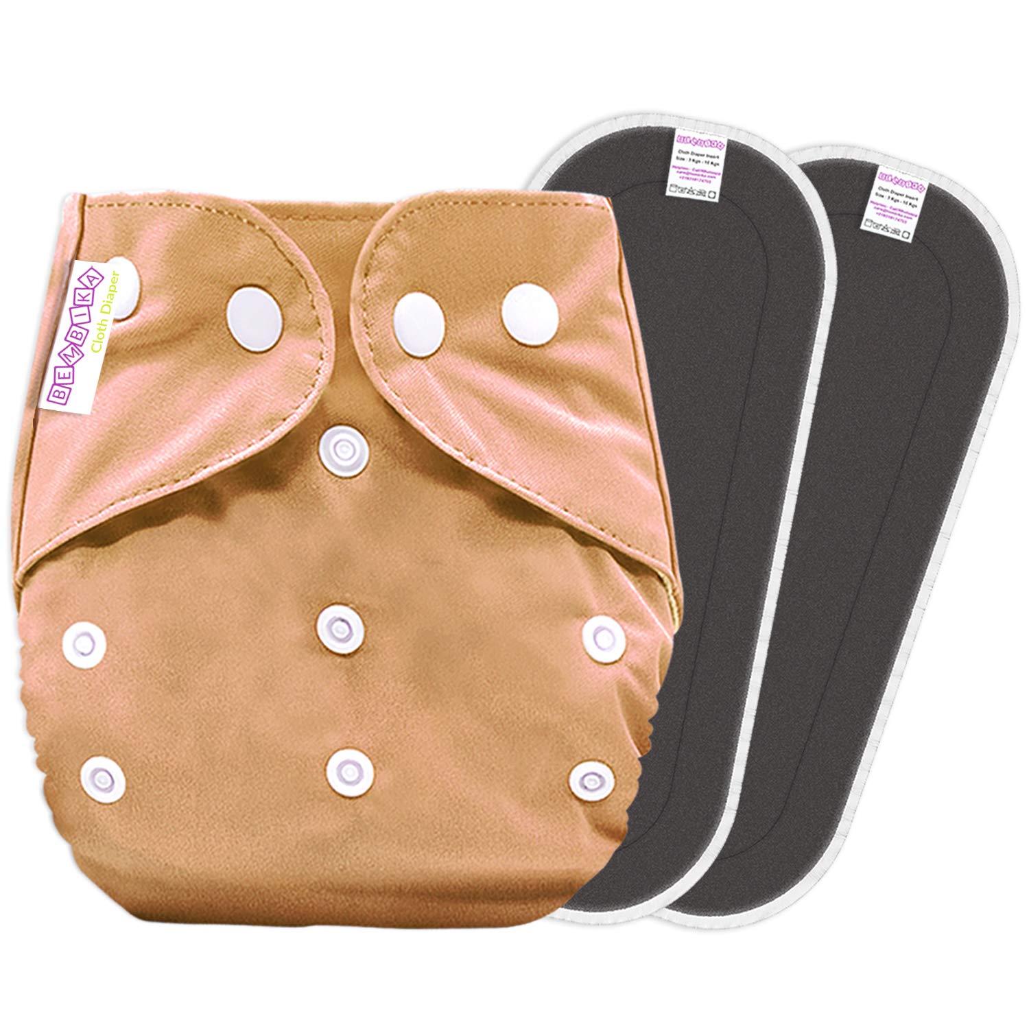 Bembika B Plus Solid Cloth Diapers for Babies, Washable Reusable, Adjustable Sizes (2 Bamboo Charcol Inserts Included) (Brown)