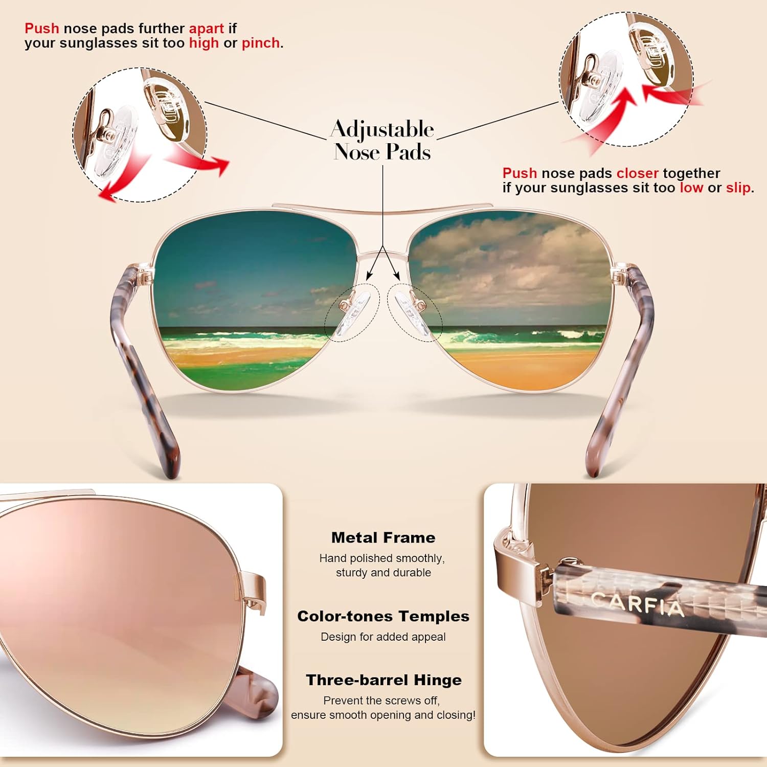 CARFIA Polarized Sunglasses for Women UV Protection Acetate Arms Metal Frame Woman's Shades CA3216 - Image 8