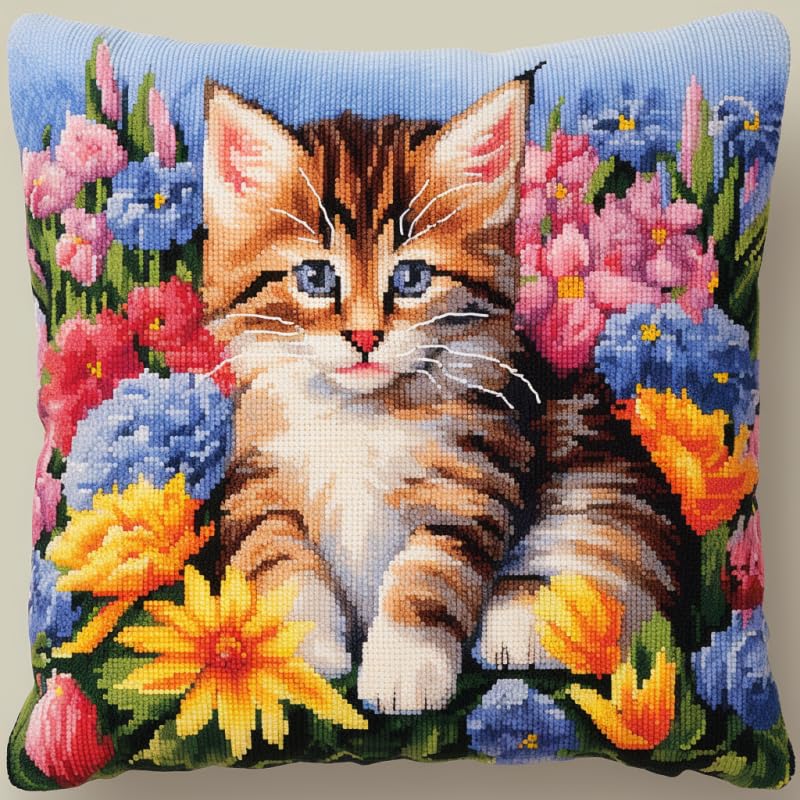 Latch Hook Kits Square Pillowcase Kits with Flowers Cat Latch Hook Cushion Rug Throw Pillow Mat Embroidery Craft Kits for Beginner with Printed Pattern Canvas Home Decor 43x43cm