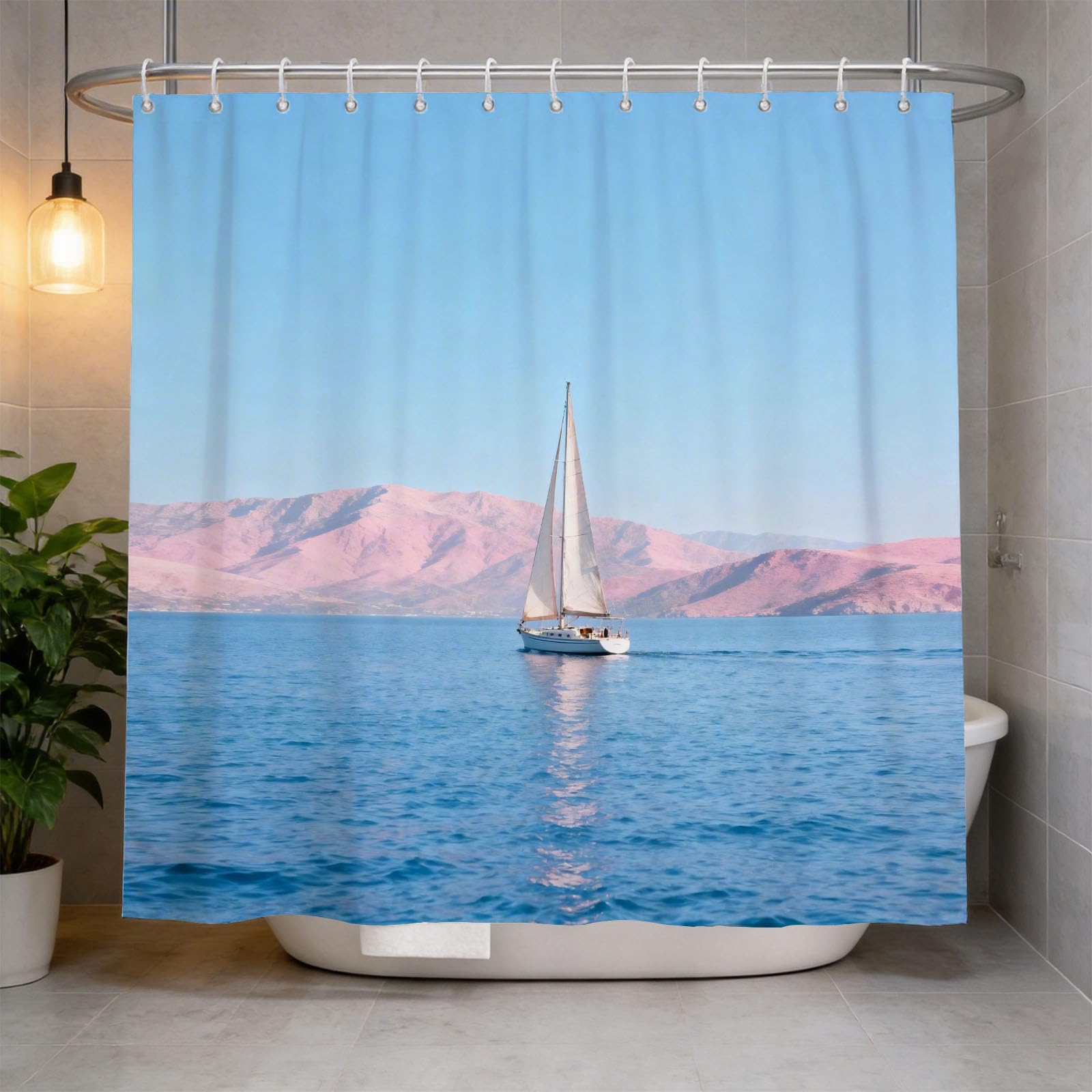 Hongduo White 3D Sailboat Shower Curtain For Stalls Bathtubs Nautical Travel Bathroom Decor Shower Curtain Set Polyester Fabric Waterproof 200X200cm/79X79 Inch With Hooks