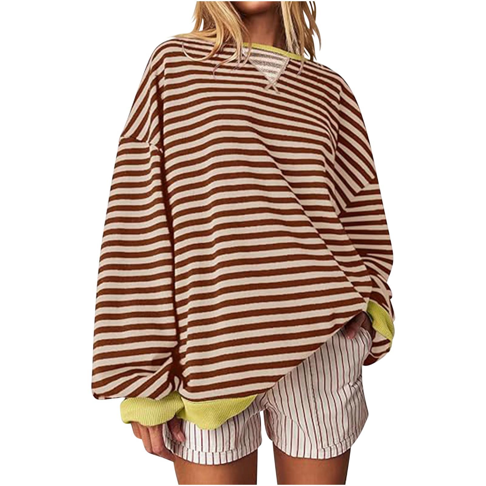 GenericSweatshirt for Women UK Casual Crew Neck Striped Pullover Blouse Comfy Oversized Classic Fall Winter Jumper Tops 2024 Ladies Fashion Colour Block Long Sleeve Sweatshirts