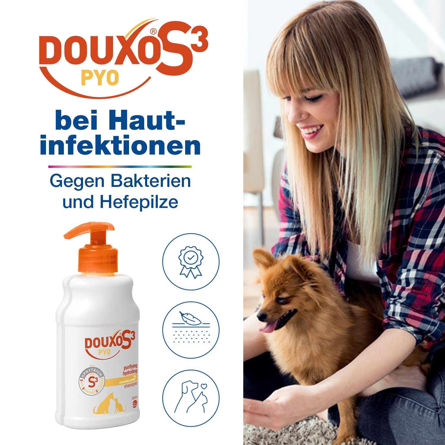 DOUXO S3 PYO Shampoo |für Hunde & Katzen |Tiershampoo Pflege gegen Bakterien & Hefepilze | Reinigend & Feuchtigkeitsspendend | Hypoallergener Duft | 200 ml