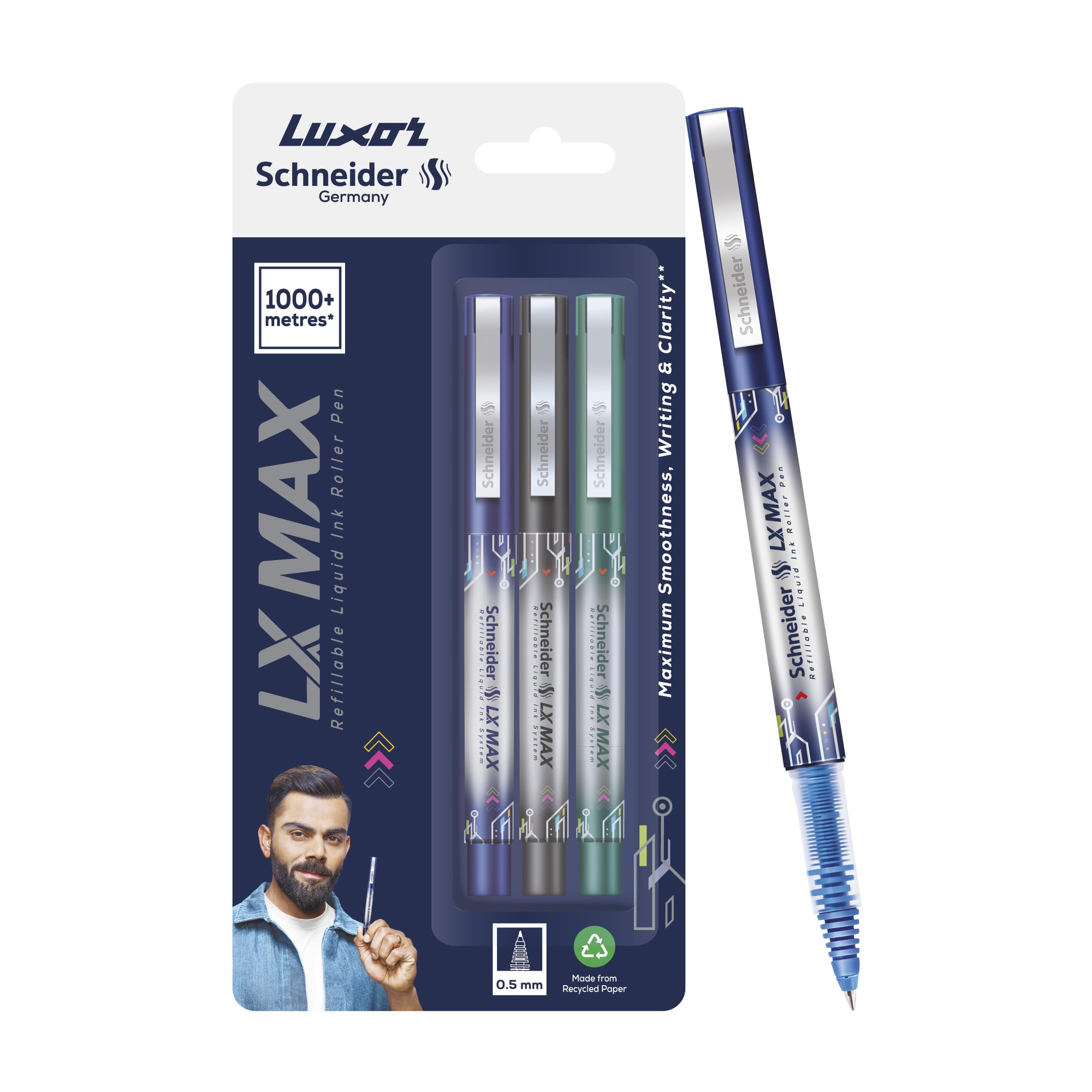 Luxor Schneider LX-MAX roller ball pen | Pack of 3-Blue+Black+Green | Cone Tip | 0.5mm | 100% German Technology | 1000+ mtrs writing length | Waterproof Ink | Ideal for Students & Professionals