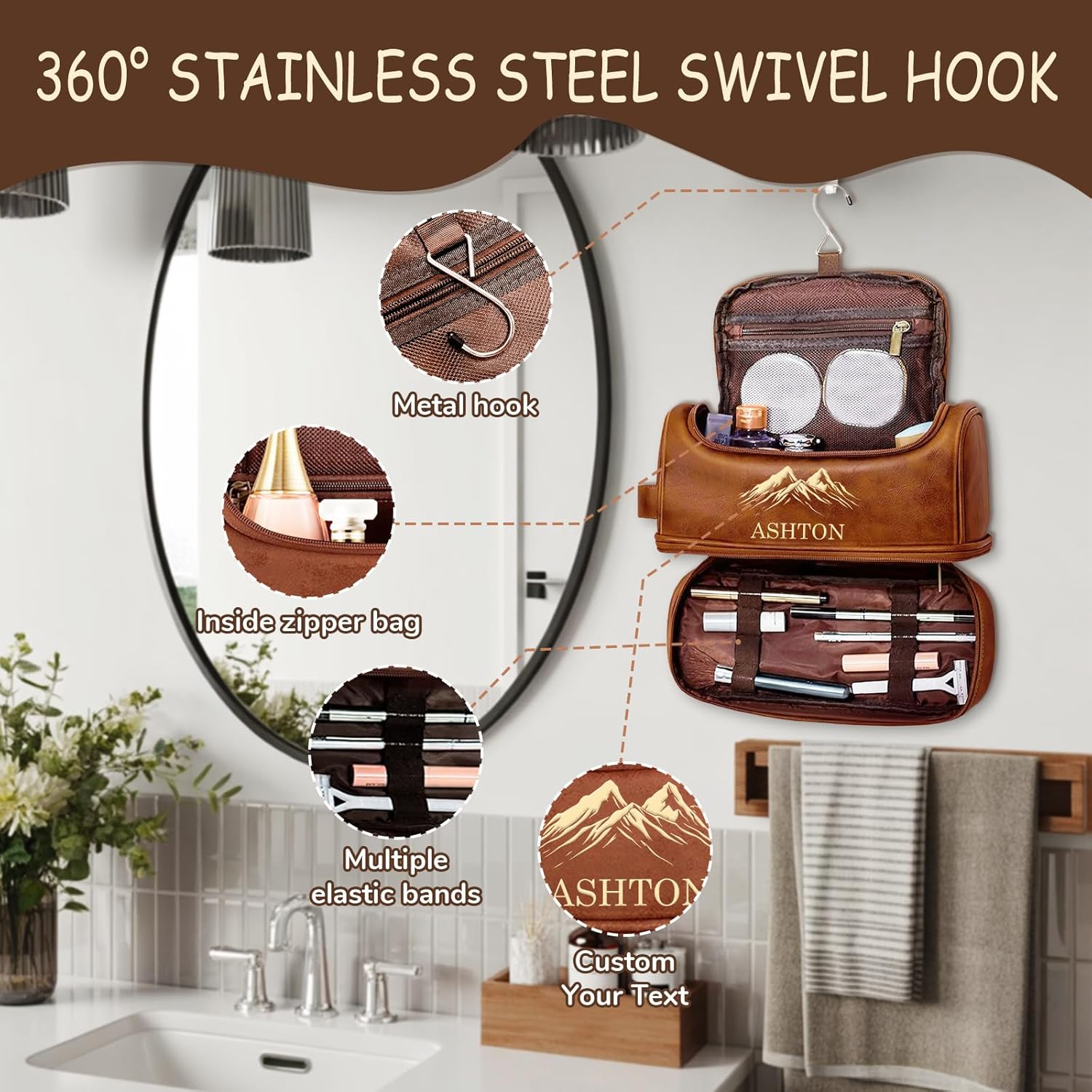 Personalized Toiletry Bag for Men - Custom Large Leather Dopp Kit with Engraved Name & Text, Personalized Gift for Groomsmen, Husband, Dad, Boyfriend, Birthday Gifts for Men