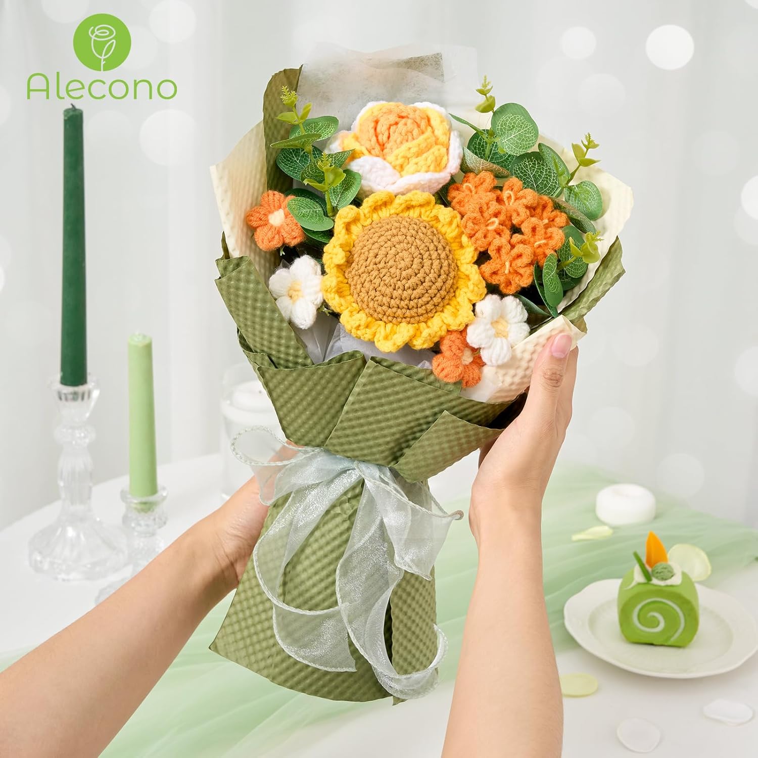 Alecono Crochet Flower Bouquet, Knitted Sunflower Flowers, Green Handmade Bouquet of Flowers for Lover Anniversary Birthday Party Mother's Day Graduation Gifts (Include Card)