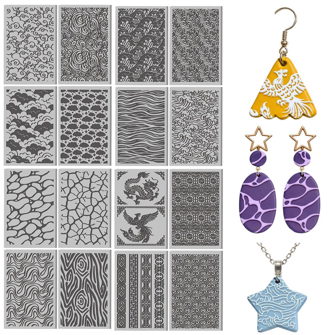 16 Pcs Ocean Waves Pattern Polymer Clay Texture Sheet Natural Clouds Patterns Rubber Clay Texture Mat for Polymer Clays Making Earrings Jewelry DIY Crafts, 4 × 2.5 Inch