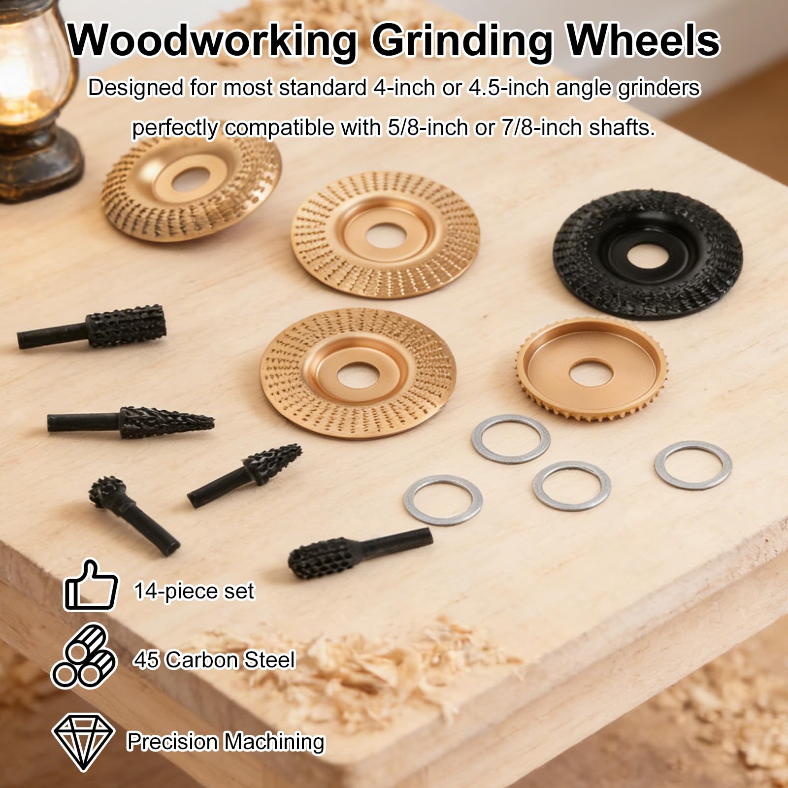 14pz Set di Dischi per Intaglio del Legno per Smerigliatrice Angolare da 4" o 4,5", Include Varie Intaglio Legno Mola Disco e Varie Frese Rotanti e Anelli Adattatori da 5/8"