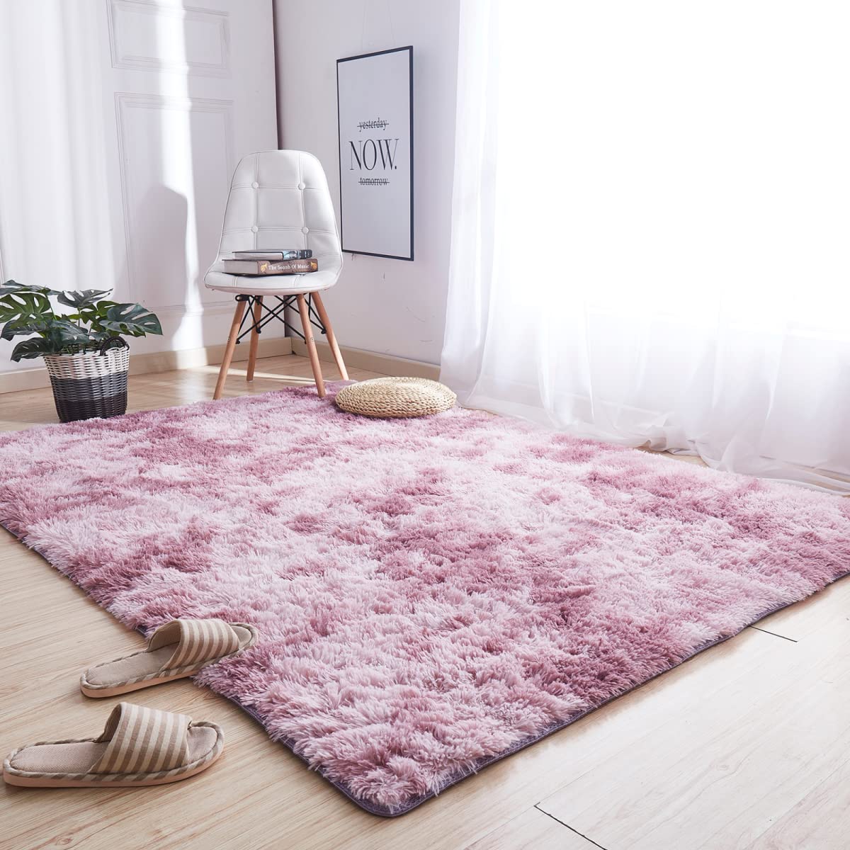 ADMEE Area Rug for Bedroom and Living Room, 120×180 cm(3.9 x 5.9 ft) Pink Faux Fur Rug, Tie-Dye Shaggy Anti-Slip Washable Rug, Soft Modern Indoor Carpet, Floor Mats Home Decor