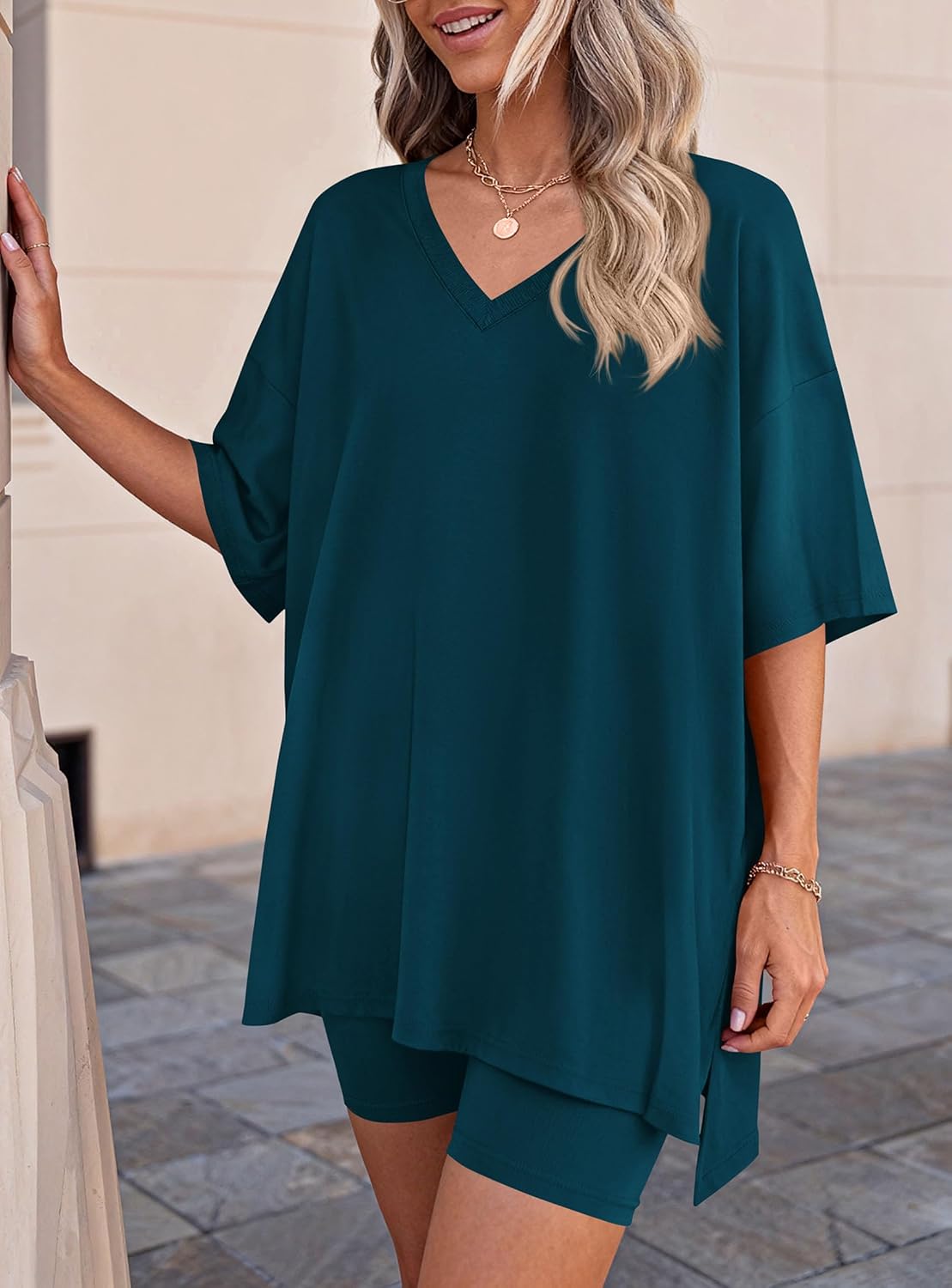PRETTYGARDEN 2 Piece Sets for Women Summer 2026 Lounge Short Set Spring Matching Biker Shorts V Neck Oversized Shirt Clothing
