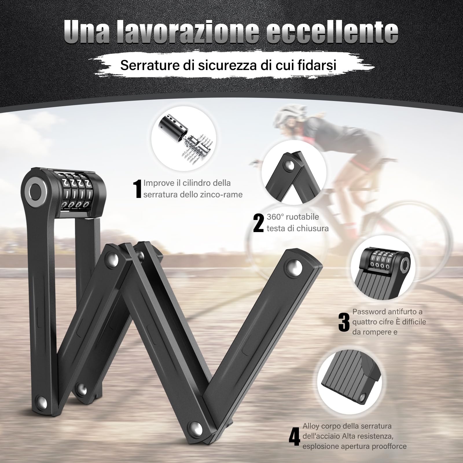 IMAYCC Lucchetto Combinazione Bici Pieghevole, 120CM Lucchetto Bicicletta, Portabilità Lucchetto Pieghevole, Protezione Antifurto Extra Alta per E-bike, Bici da Strada, Moto, MTB in Nero, Ecc.