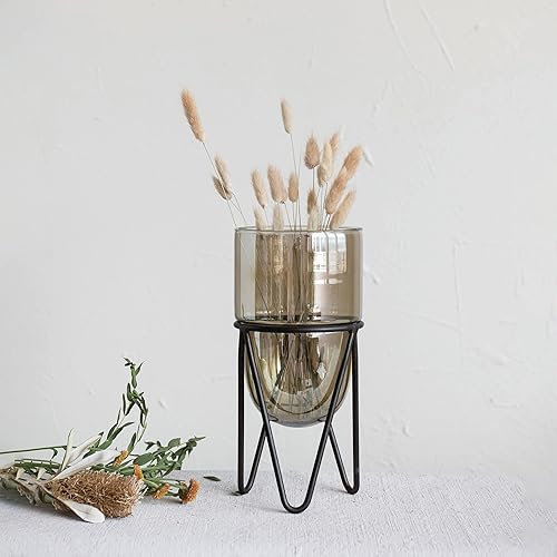 Miniatura 2 de Creative Co-Op Soporte de metal de vidrio, portavelas de pilar marrón y negro