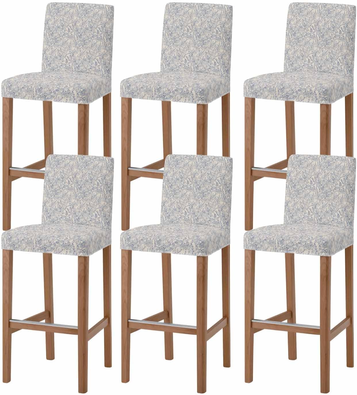 Bar Chair Stool Covers Set of 6, Blue Botanical Stretch Washable Removable Bar High Chair Cover, Rustic Vintage Floral Leaves Elastic Bar Chair Protector for Kitchen/Restaurant