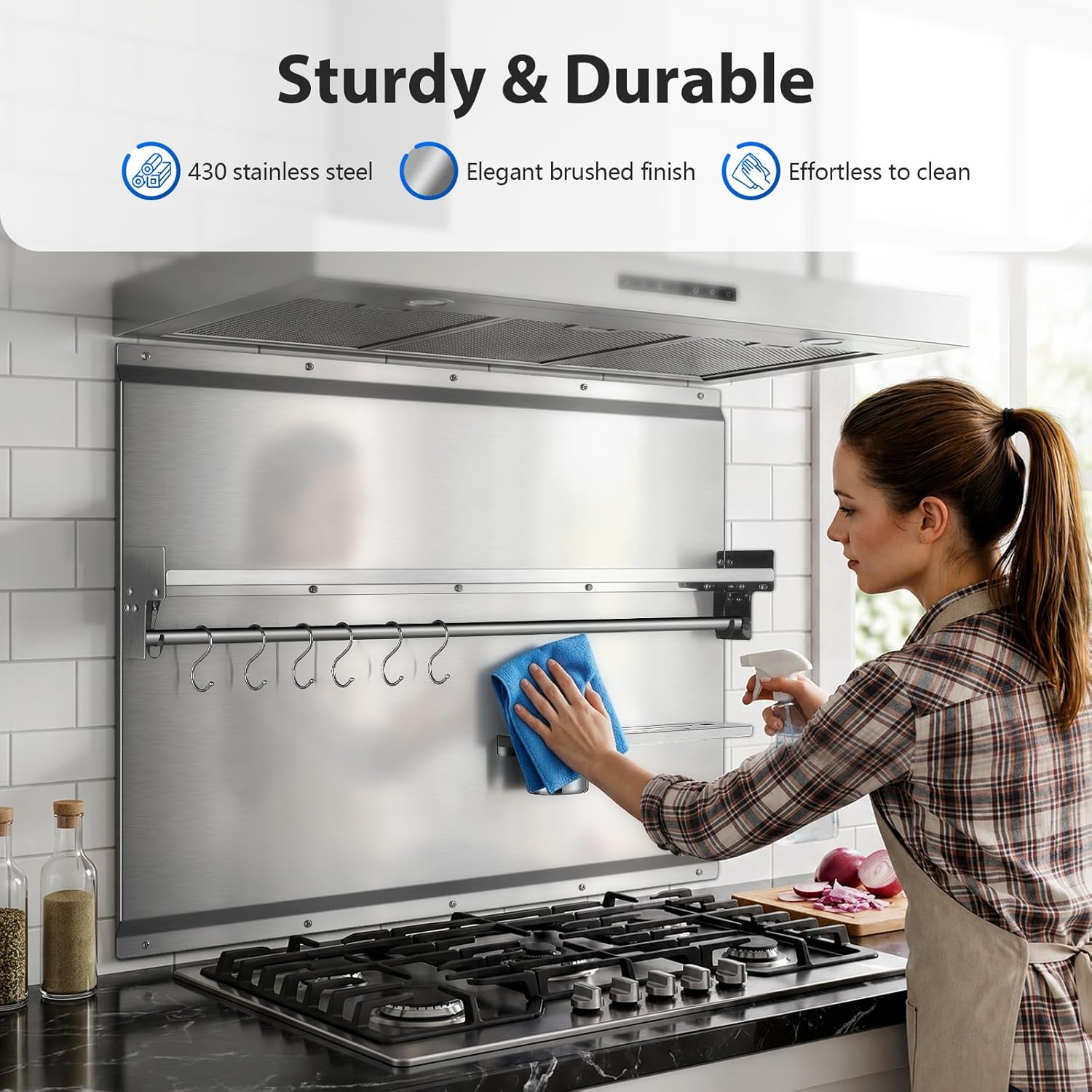JOEAONZ 30" x 24" Stainless Steel Backsplash for Stove with Storage Shelf & Hooks, Heavy Duty 430 Metal Splatter Guard, Easy Wall Mount Shield, Fit Behind Range, Countertop or Sink