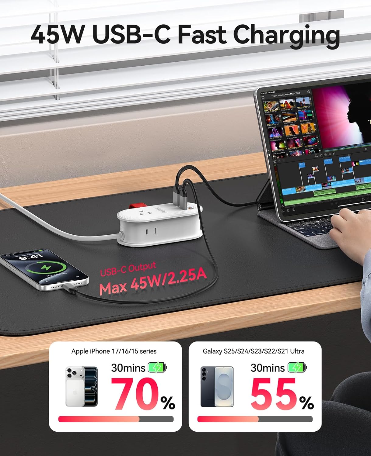 ORICO 45W Power Strip for iPhone 17 and Galaxy S25, 7 in 1 Charging Station with 3AC, 2 USB-A, 2 USB-C, 4ft Thin Extension Cord, Flat Plug Fashion Essential for Travel/Home/Office/Library/Dorm - TK45
