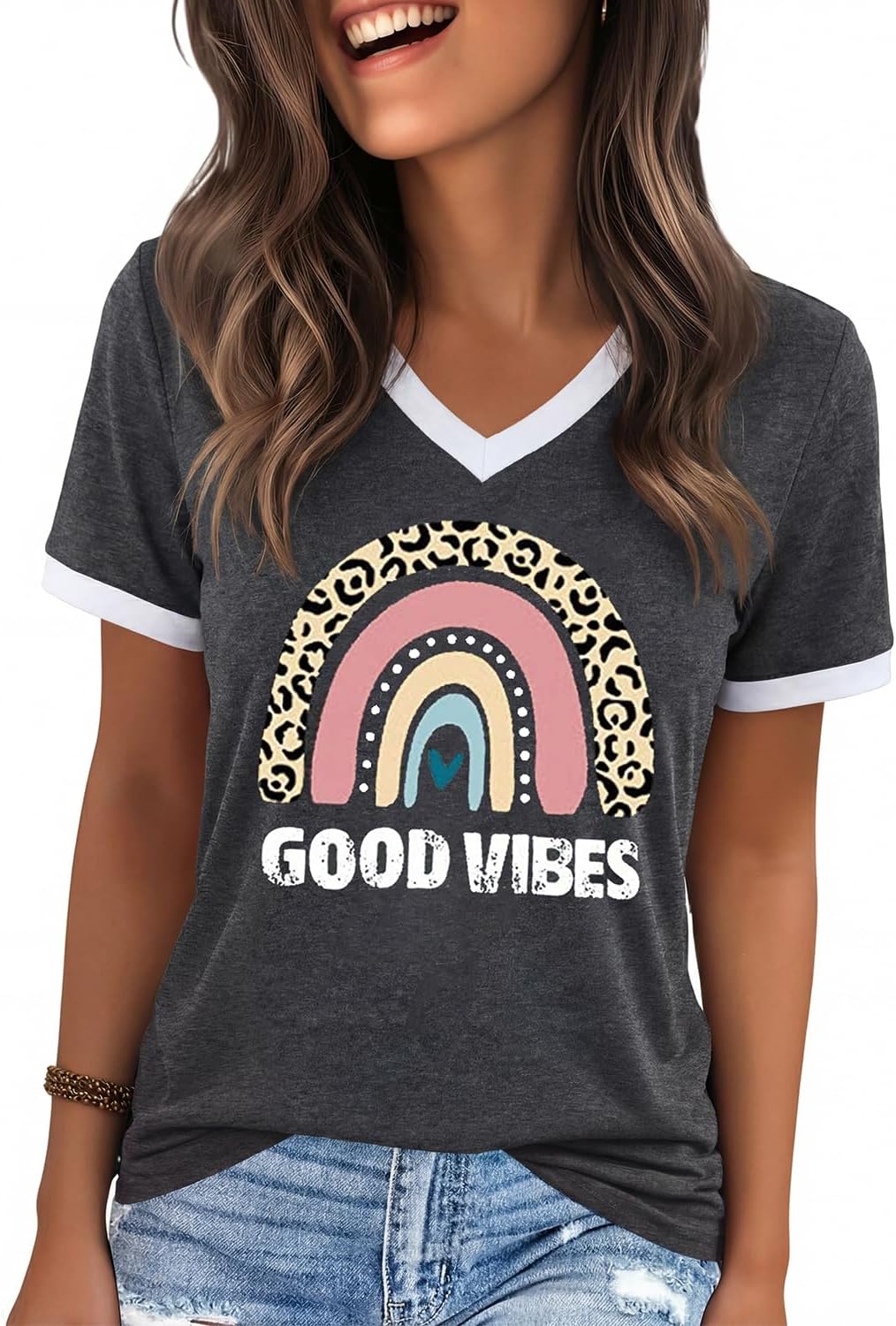 YEXIPO Womens T Shirts Graphic Tees Short Sleeve V Neck Cute Summer Tops