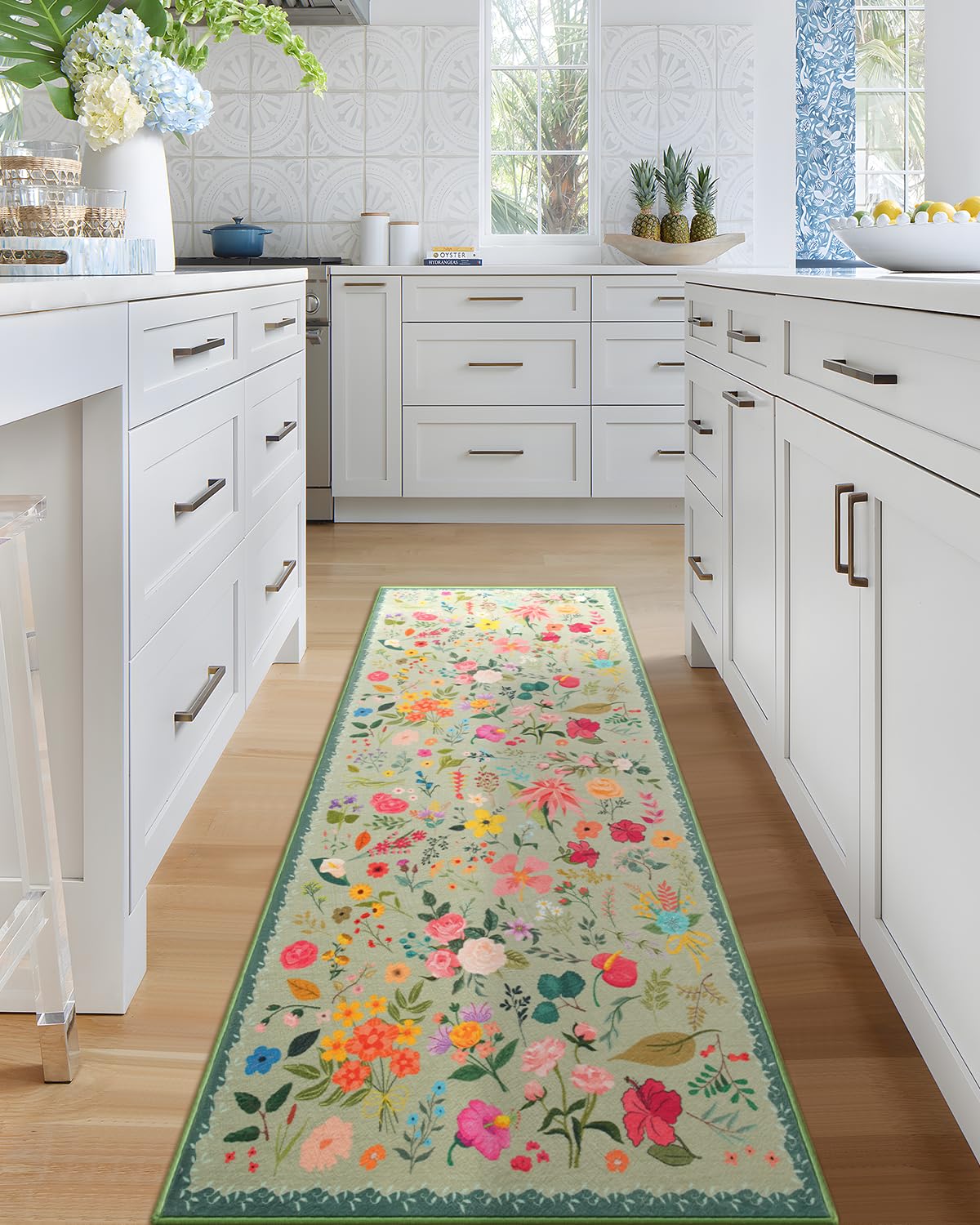 Boho Floral Runner Rug 2x6, Washable Non-Slip Kitchen Rug, Ultra Soft Vintage Carpet for Hallways, Kitchen, Bedroom, Bathroom (Green)
