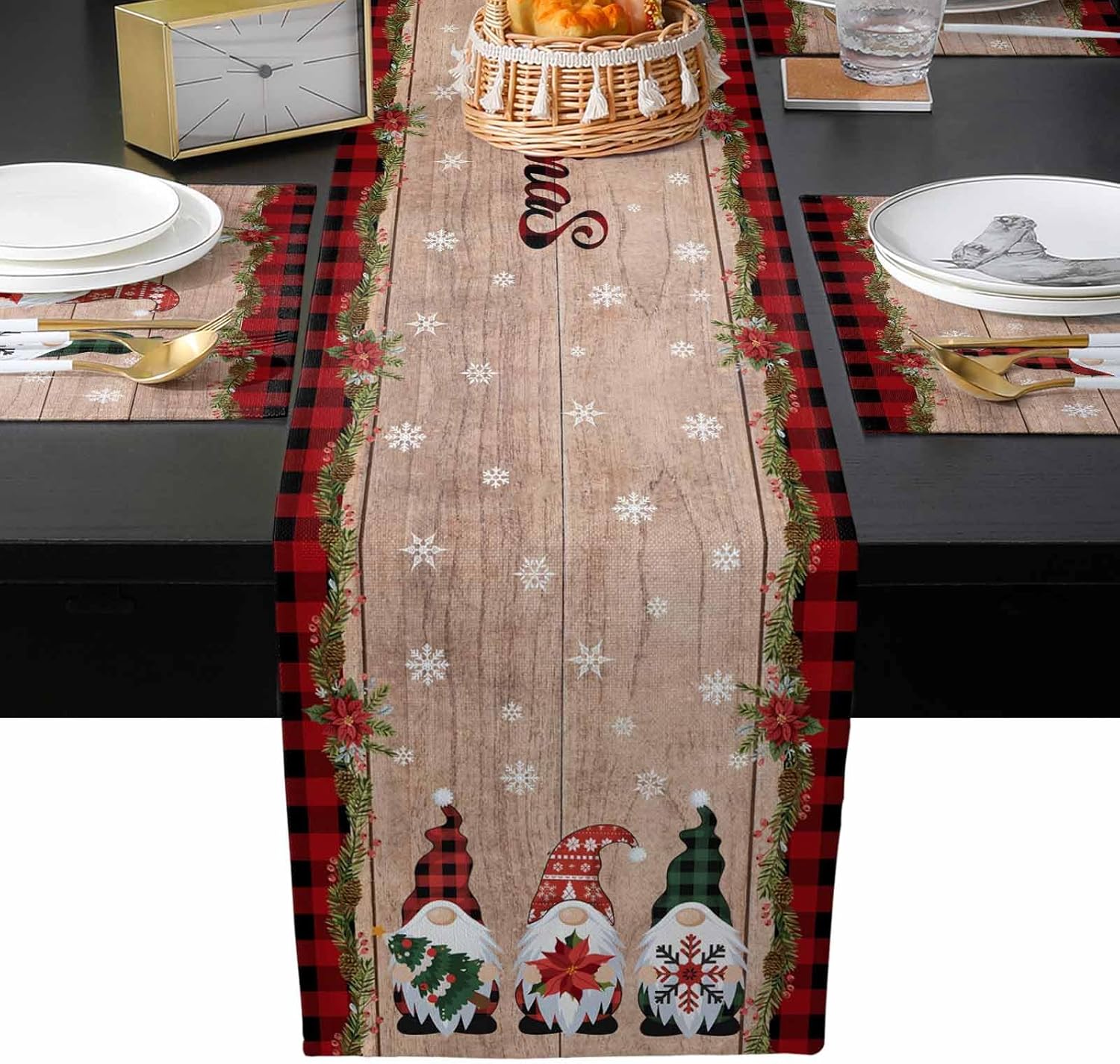 Christmas Table Runner Sets, 6 Pieces Non-Skid Placemats, Waterproof Table Runner for Dining/Kitchen Table TV Stand, Xmas Gnomes Rustic Wooden Plank