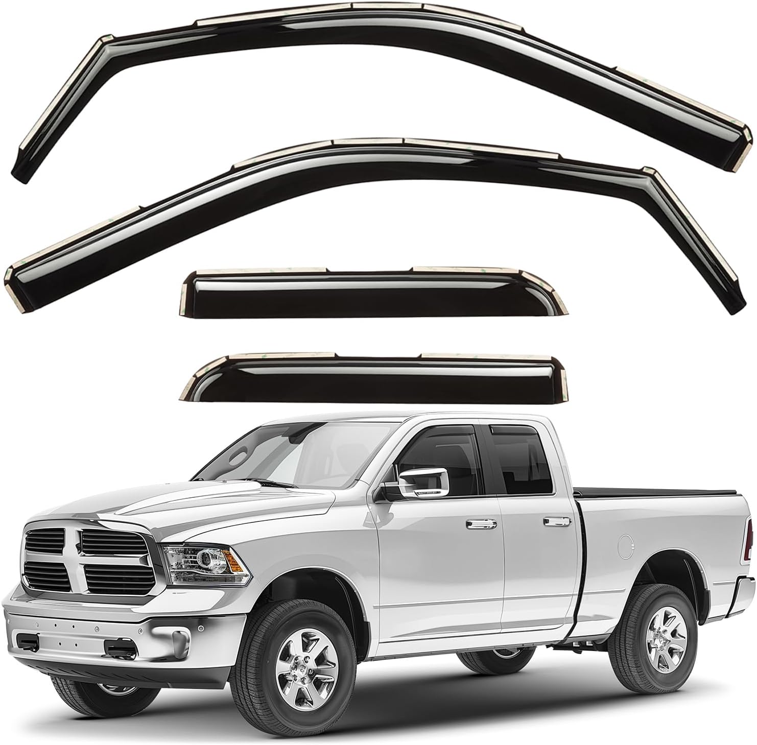 Window Deflectors Smoke Tinted In-Channel Side Window Vent Visor Deflectors Rain Guards Compatible with Ram 2009-2018 1500 Quad Cab - 4pcs. GW0120