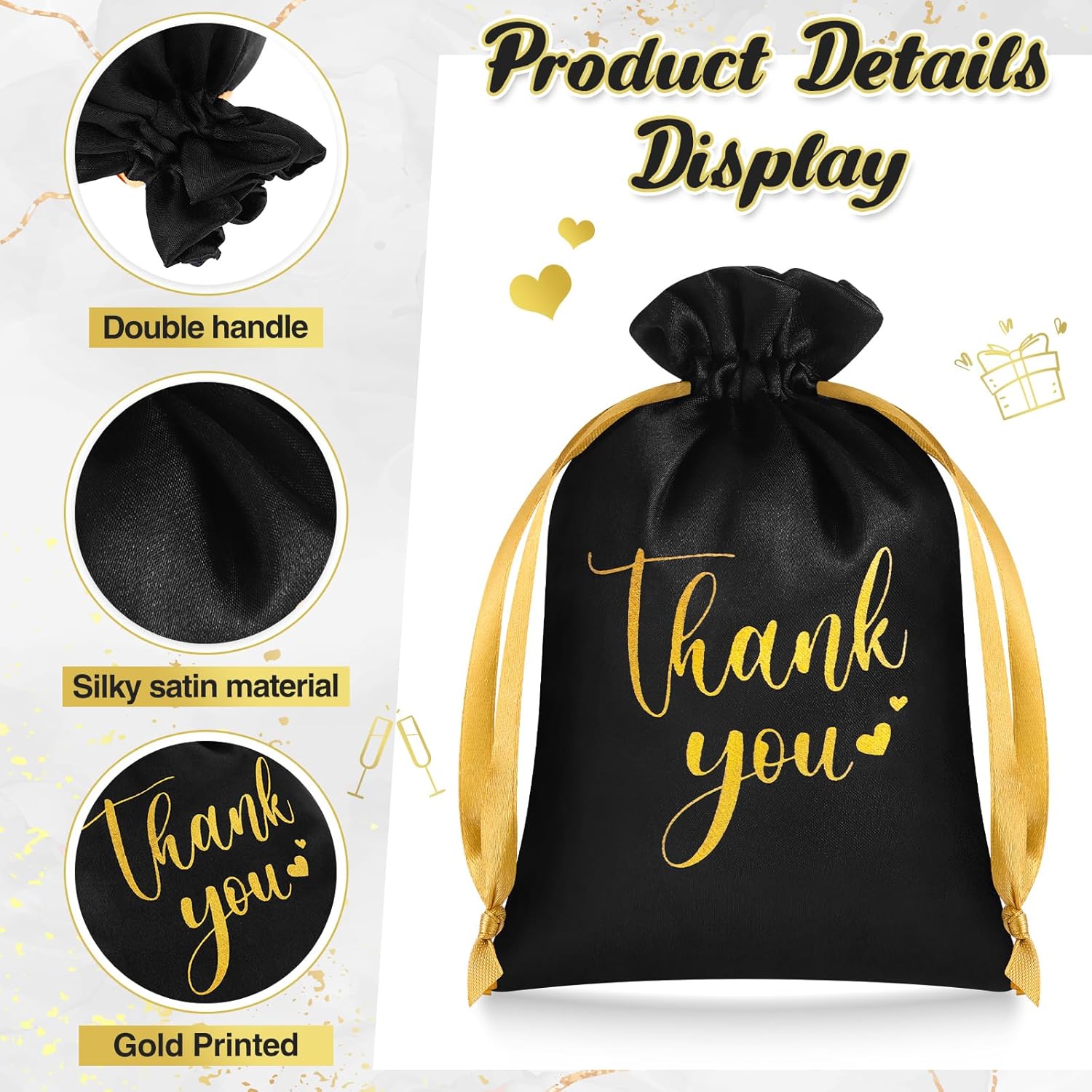 PerKoop 30 Pcs Thank You Wedding Satin Gift Bags 5 x 7 Inches Wedding Drawstring Jewelry Pouches Small Candy Bags for Valentine's Day Guest Birthday Baby Shower Party Favors(Black) - Image 4
