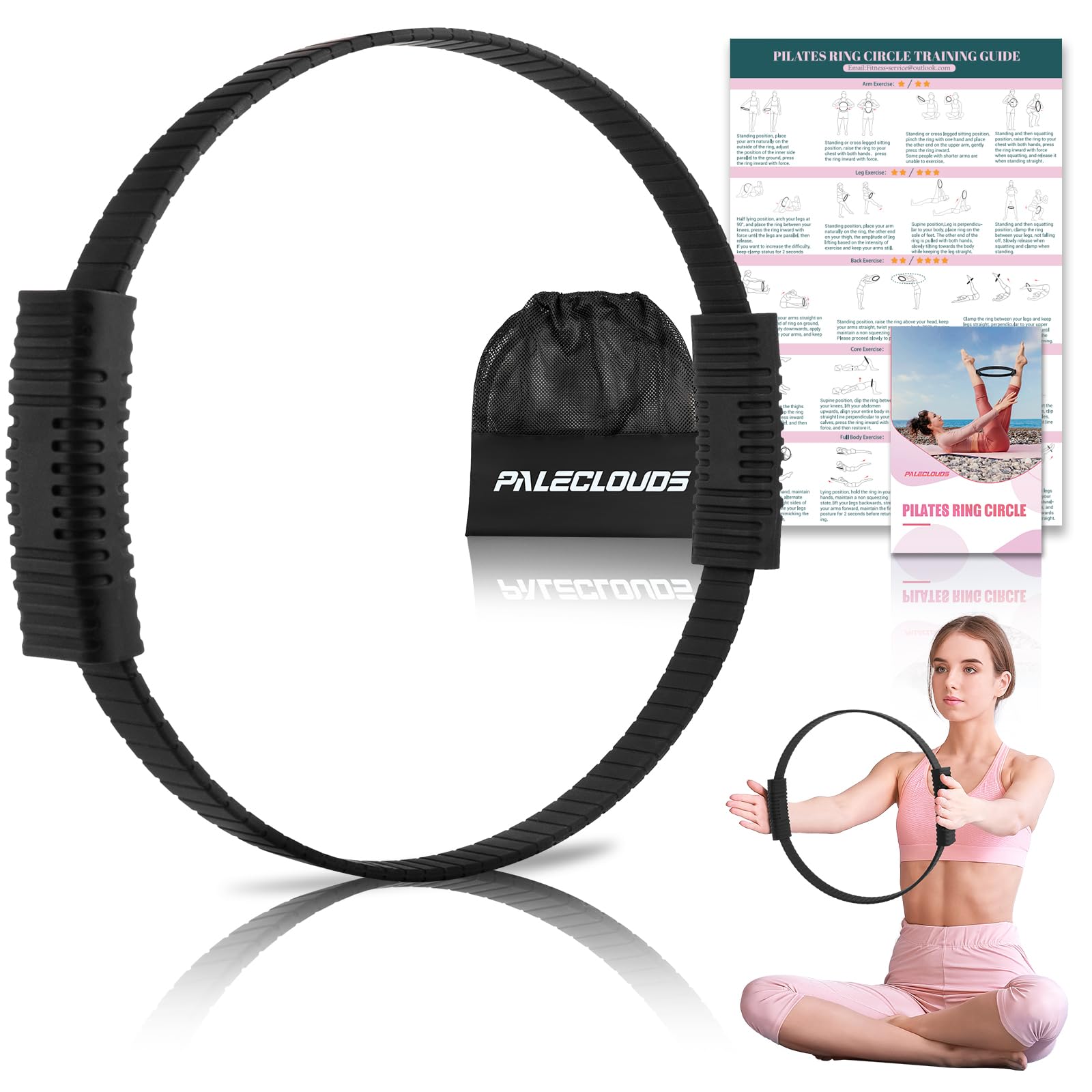 Pilates Ring, 34.5cm Silicone Pilates Magic Circle mit Doppelten Rutschfesten Griffen, Training Poster & Tragbarer Tasche, Pilates Ring Übungen für Beine Arme & Oberschenkel Gewichtsverlust für Frauen