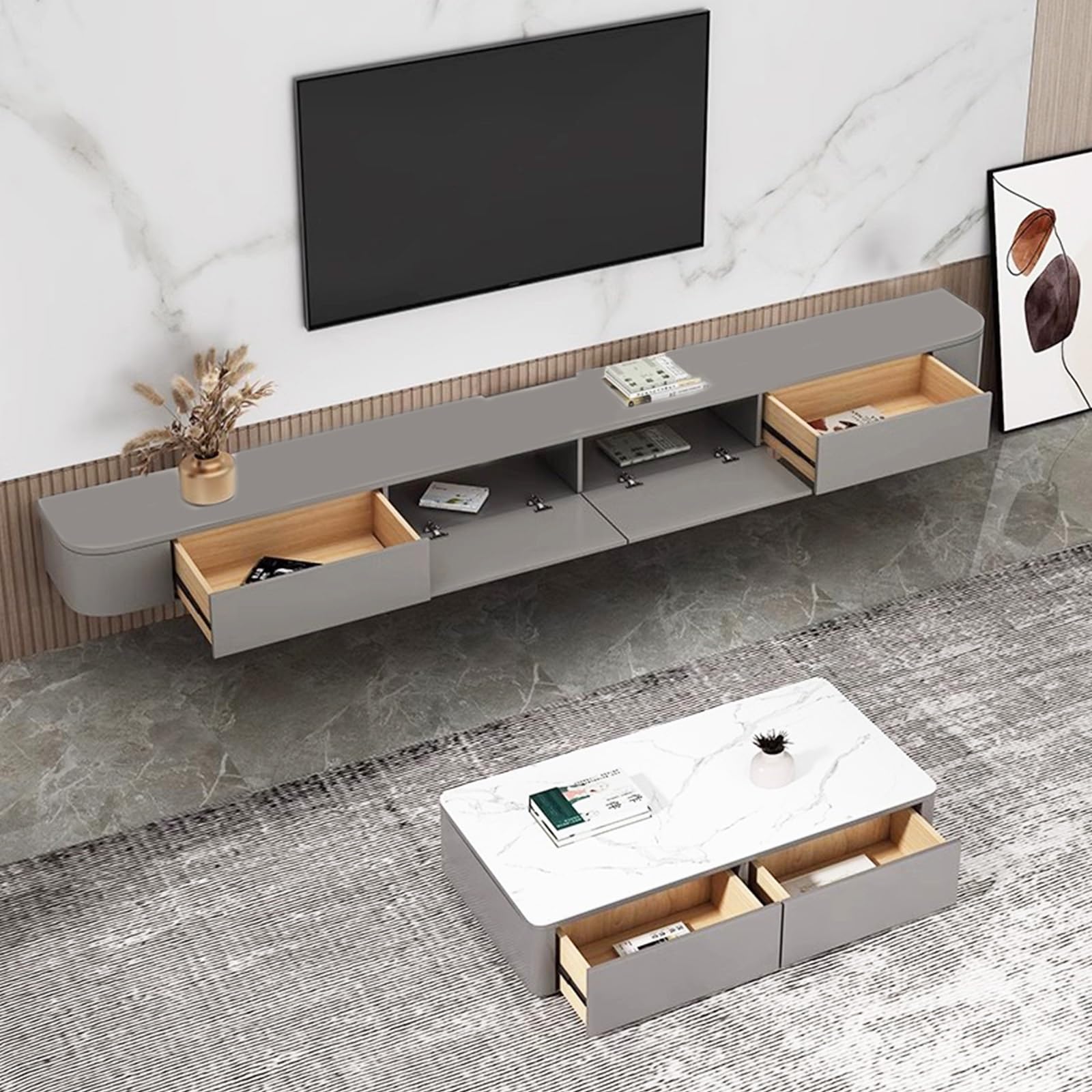 Nowoczesna szara szafka pod telewizor naścienna elegancka pływająca jednostka rozrywkowa z drzwiami stylowa podstawka pod telewizor do salonu wielofunkcyjna konsola (220 cm)