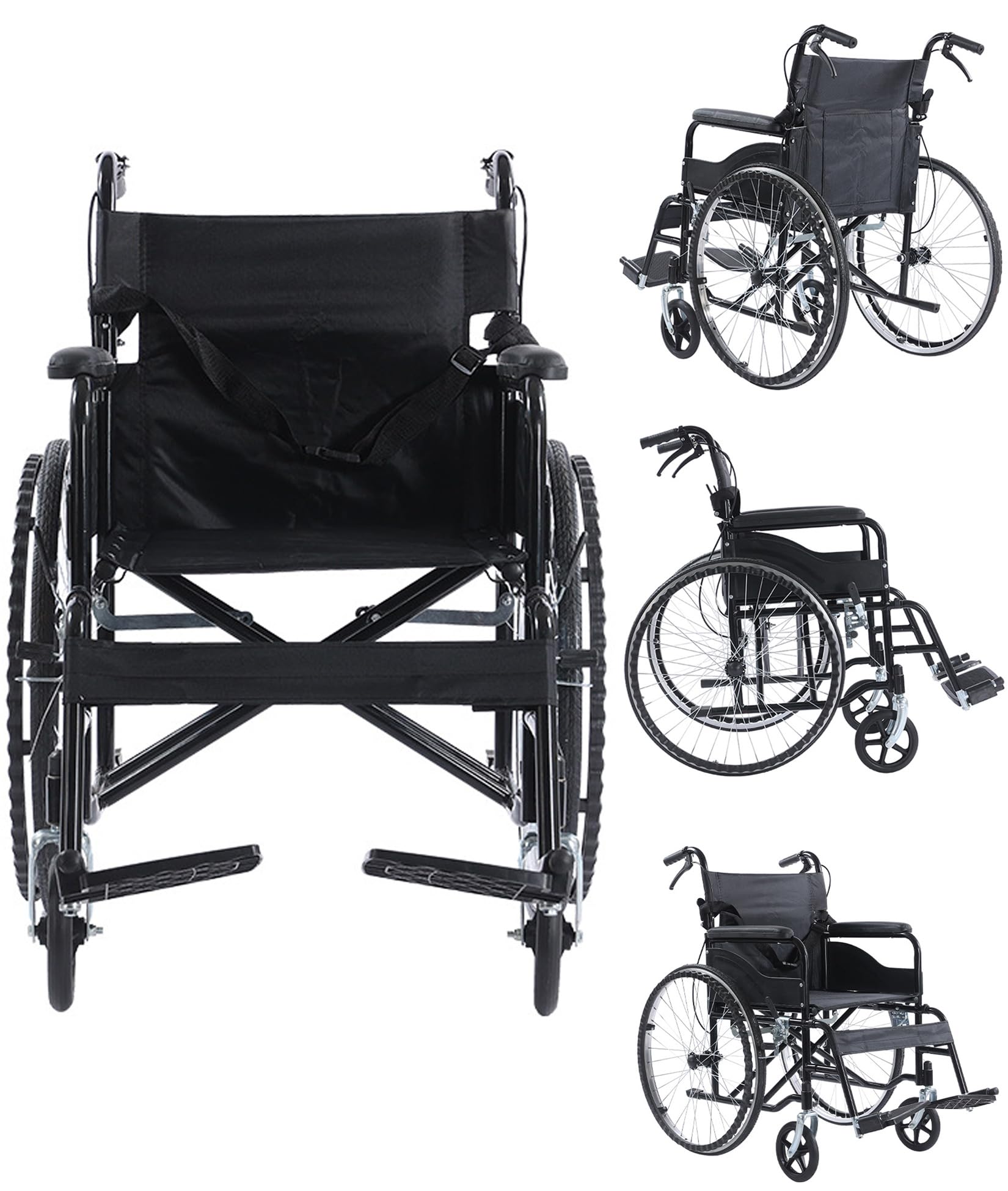 BOTOWI Silla de Ruedas Manual con Freno de Mano, Sillas de Ruedas Ligeras Autopropulsables con Reposapiés Abatibles, Silla de Ruedas de Acero Carbono Sillas de Ruedas de Viaje Portátiles