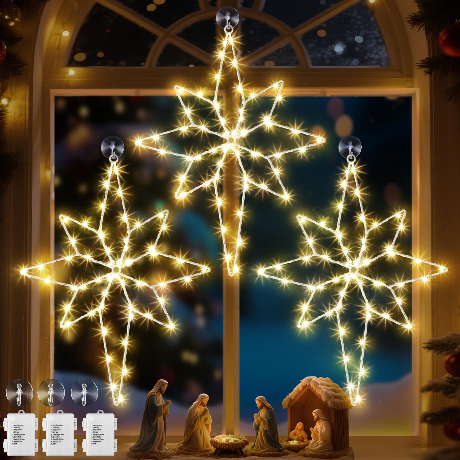 Hiboom Decoración de luz de Navidad grande de 24 pulgadas, 8 modos de luces de silueta de estrella de Belén con temporizador, cuentas de lámpara LED, marco de hierro, decoraciones navideñas que