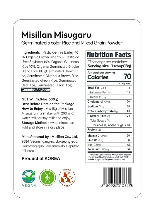 Korean Food Misugaru Multigrain Drink Mix, Vegan, Sugar-Free, Non-GMO, 500g | Traditional Korean multigrain powder blend for shakes, beverages, and convenient meal preparation