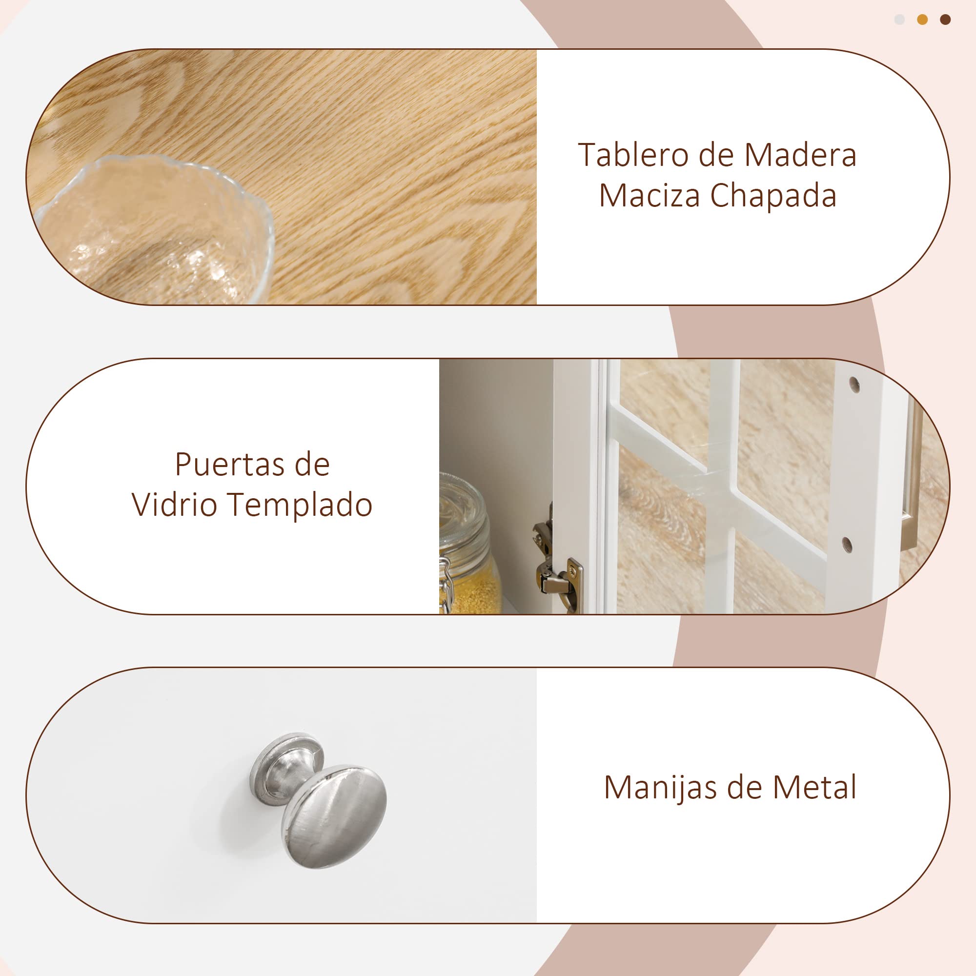 HOMCOM Carro de Cocina Isla de Cocina con Ruedas Multifuncional con 2 Cajones 3 Puertas de Vidrio Templado Toallero y Especiero 124,5x39,5x90 cm Blanco