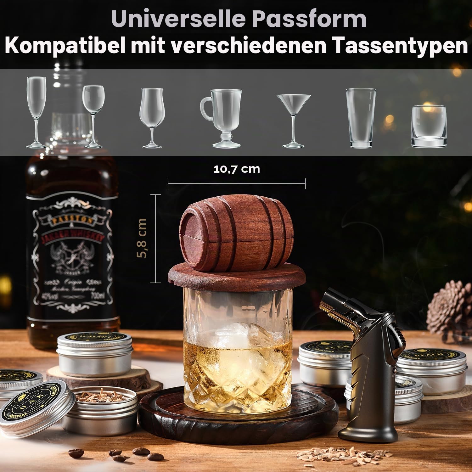 Whiskey Smoker Kit with Torch,6 Flavors Wood Chips, 2 Glasses, 2 Ice Ball Molds,Cocktail Smoker Infuser Kit, Old Fashioned Drink Smoker Kit, Husband , Boyfriend (Without Butan)